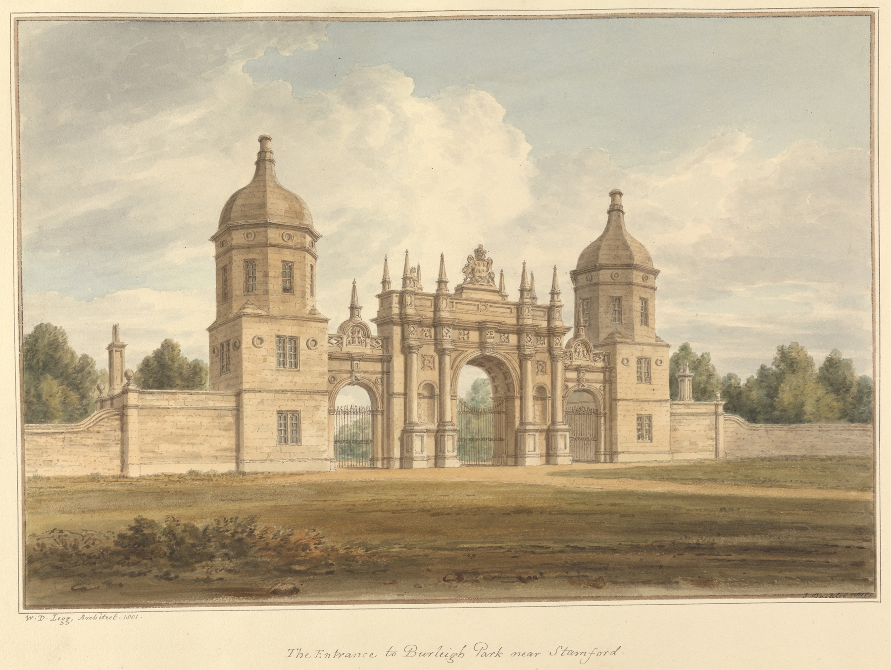 The Entrance to Burleigh Park near Stamford by John Buckler, oil painting depicting a serene landscape.