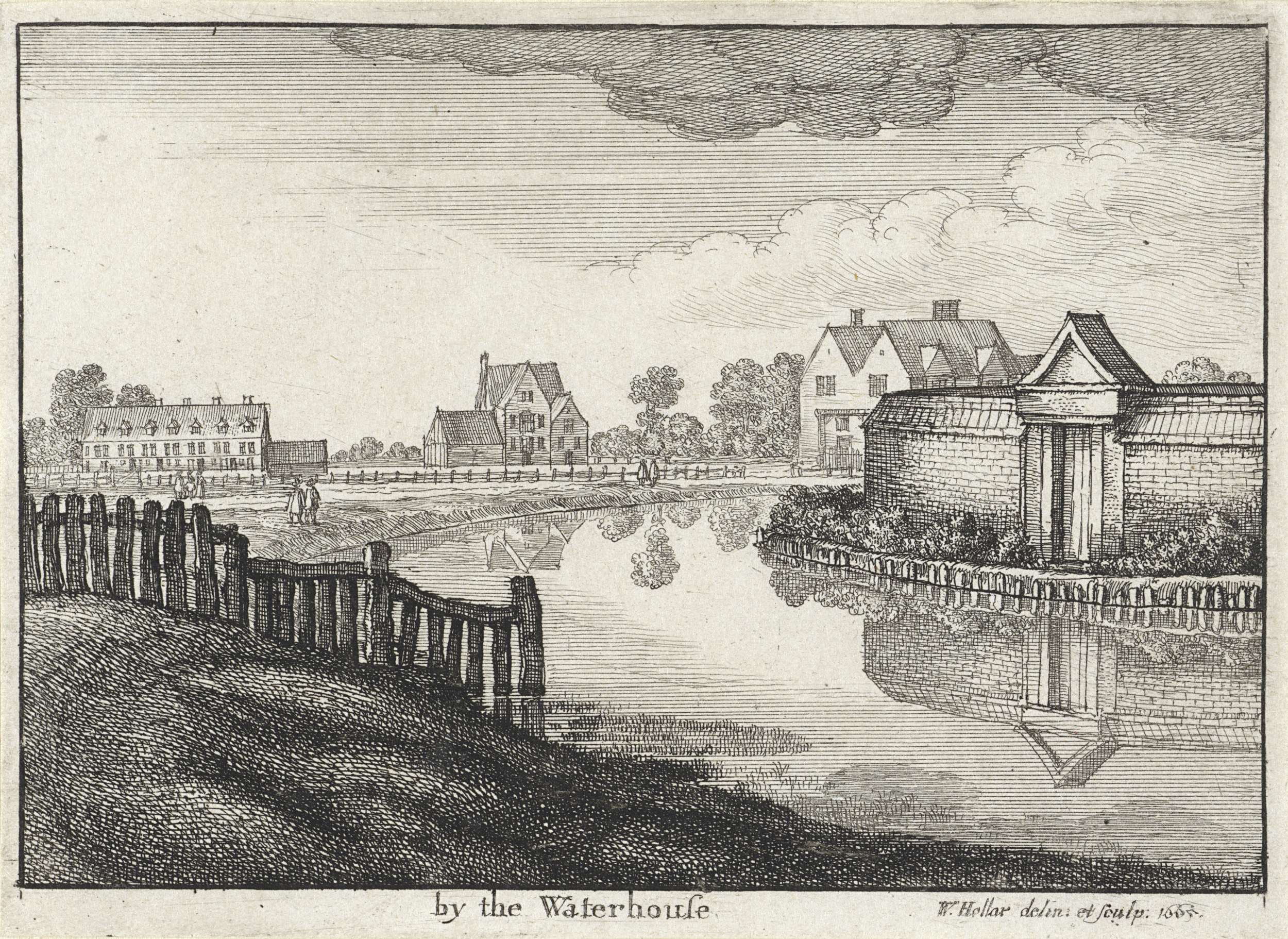 Etching by Wenceslaus Hollar showing houses along a river near London.