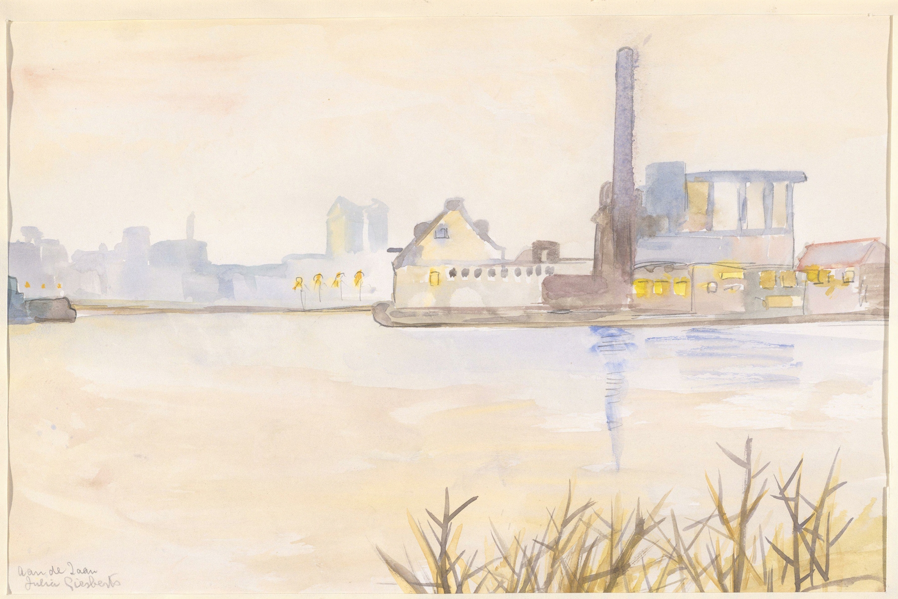 Landscape oil painting by Julia Giesberts depicting factories along the Zaan River.