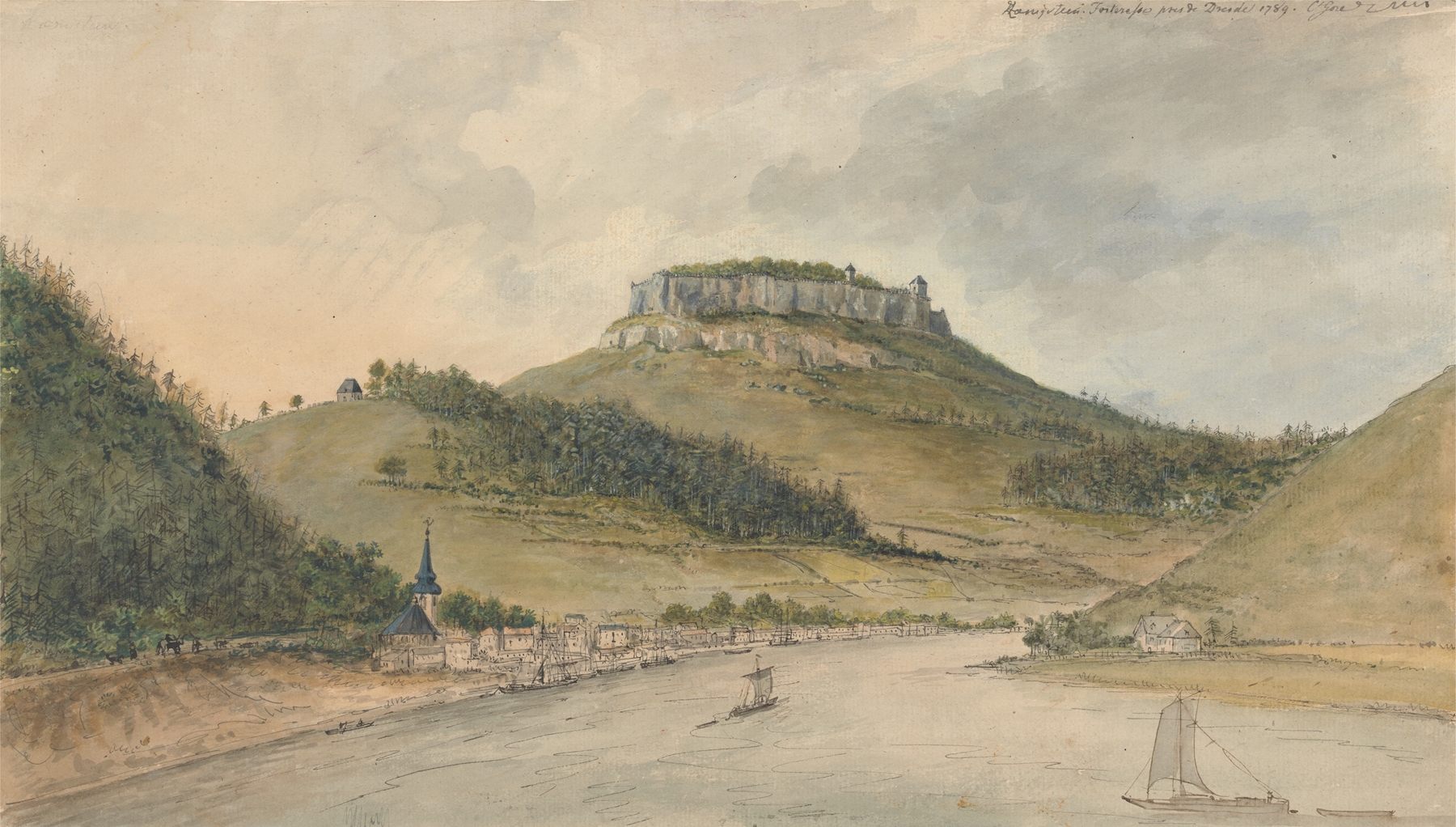 Landscape oil painting by Charles Gore depicting Konigstein fortress under a vast sky.
