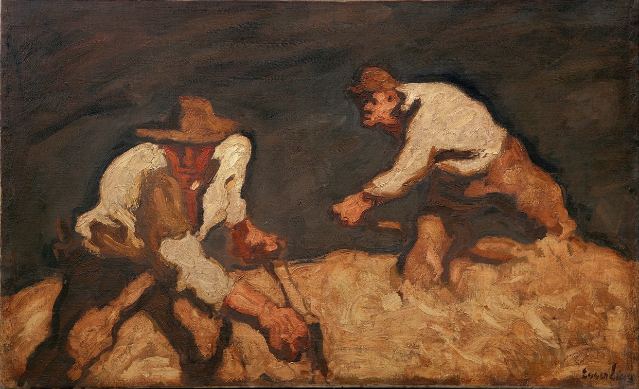 Albin Egger Lienz's 'Reapers in a Gathering Storm' depicts laborers in a dramatic landscape.
