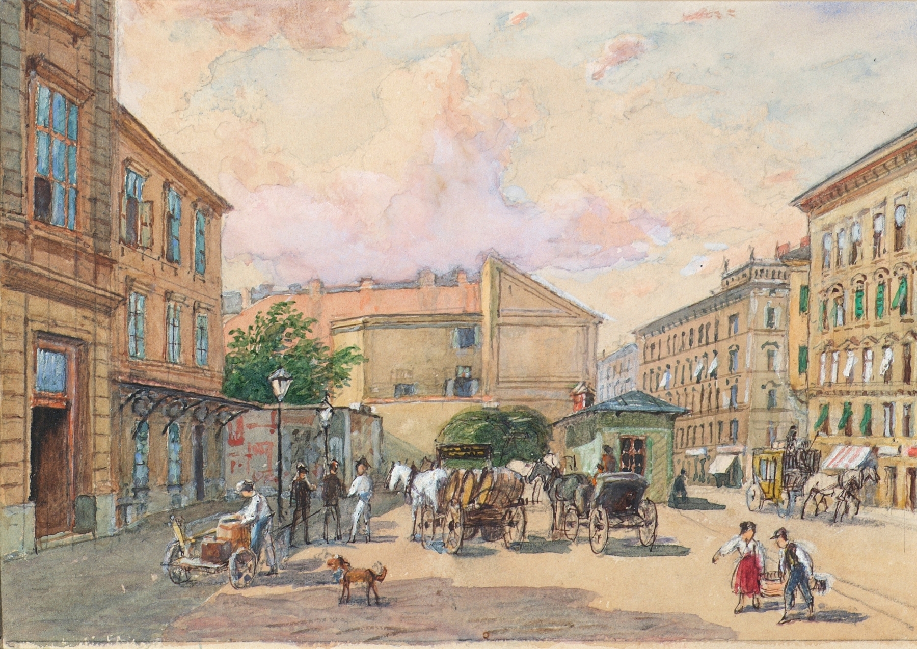 Architecture scene by Franz Reinhold, depicting buildings in Vienna, 1891.
