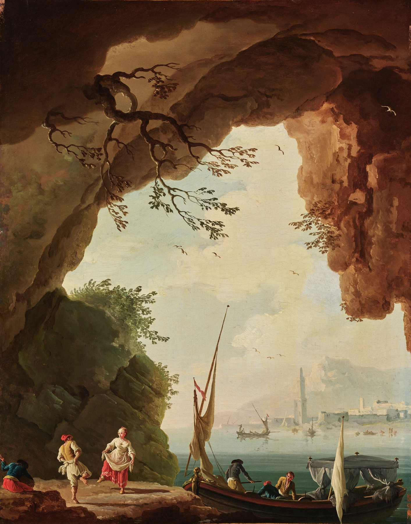 Mediterranean coastal scene with a couple dancing under an overhanging rock, a boat nearby, by Charles-François Grenier De Lacroix, public domain