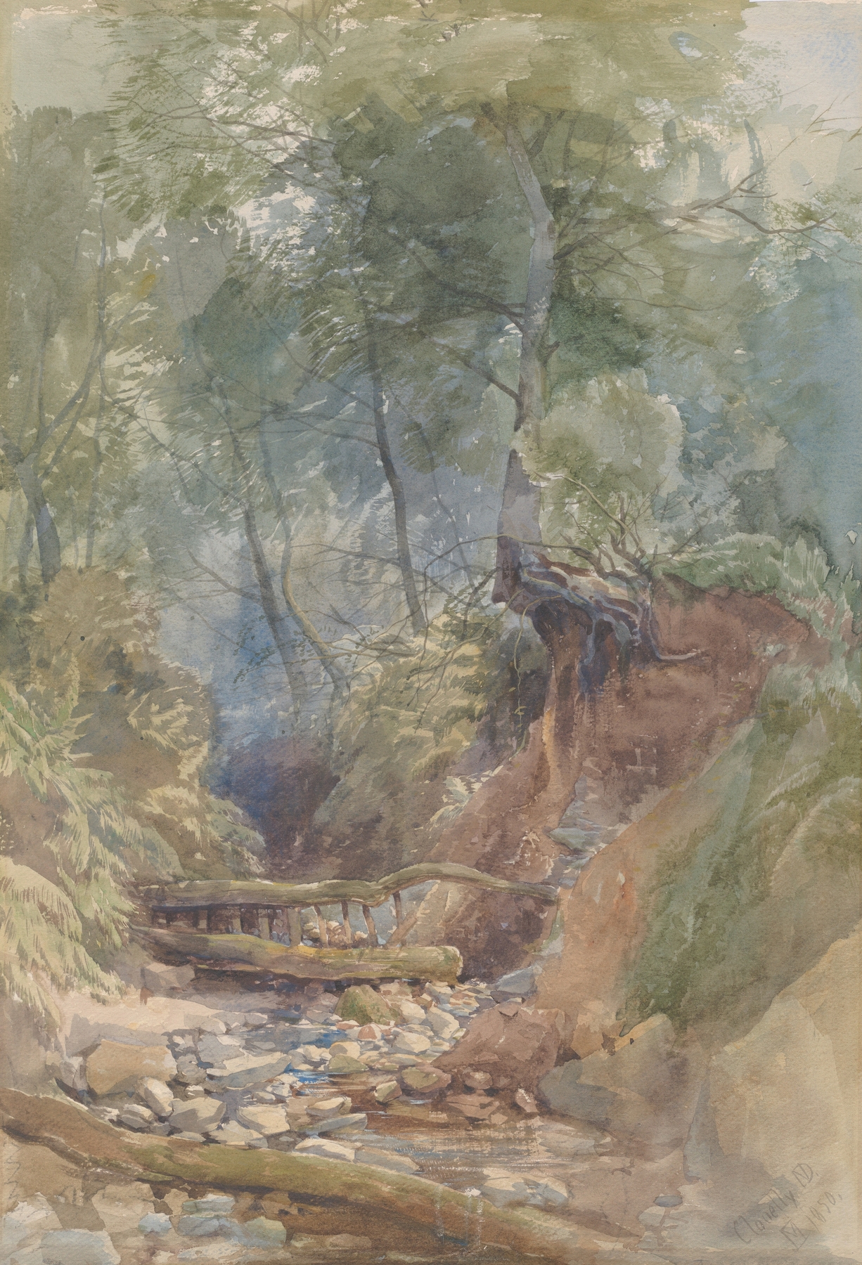A Stream Near Clovelly by John Middleton, oil painting depicting a tranquil stream and wildflowers.