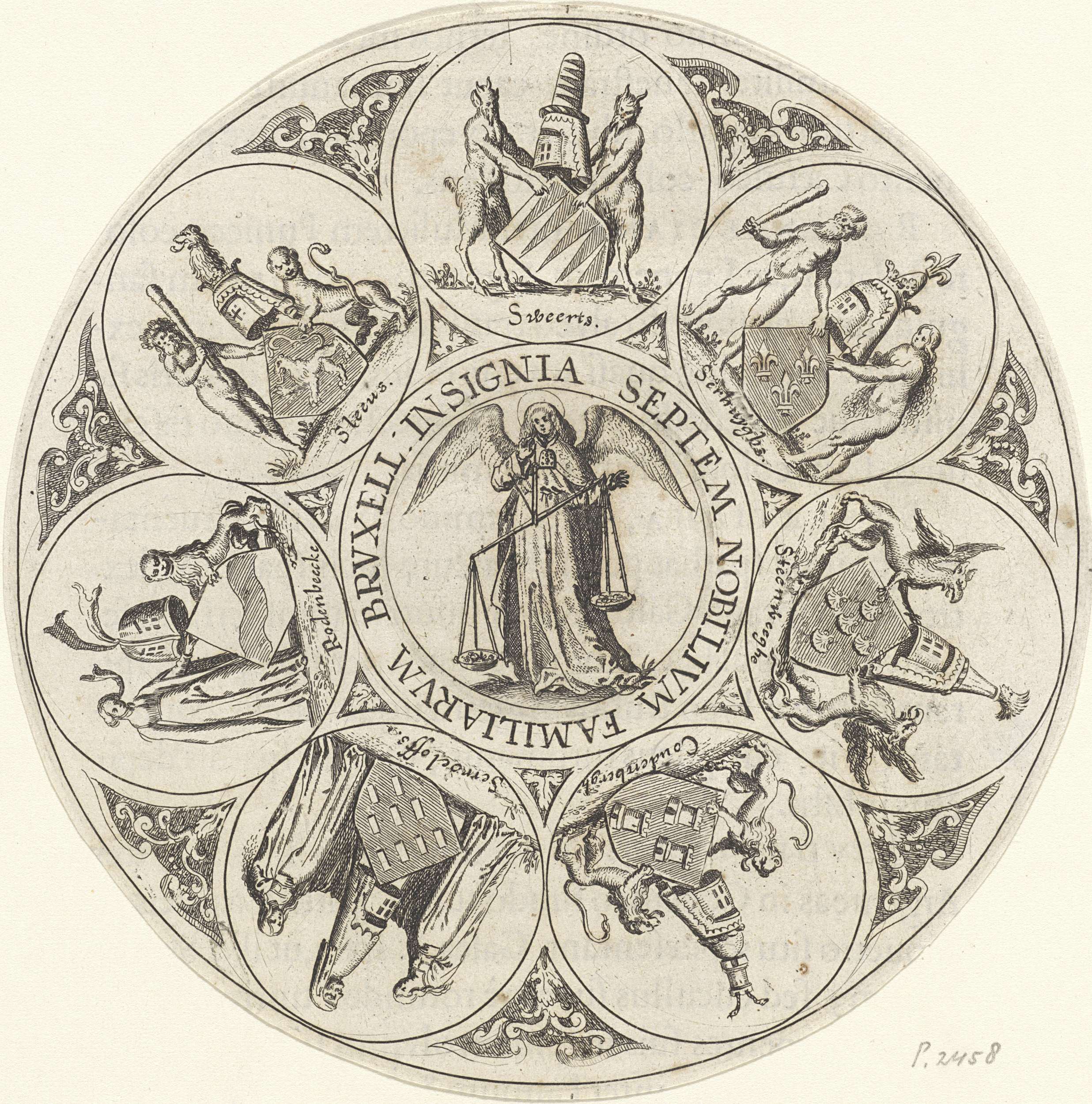 Wapens van zeven Brusselse edellieden by Wenceslaus Hollar, etching of heraldic shields.