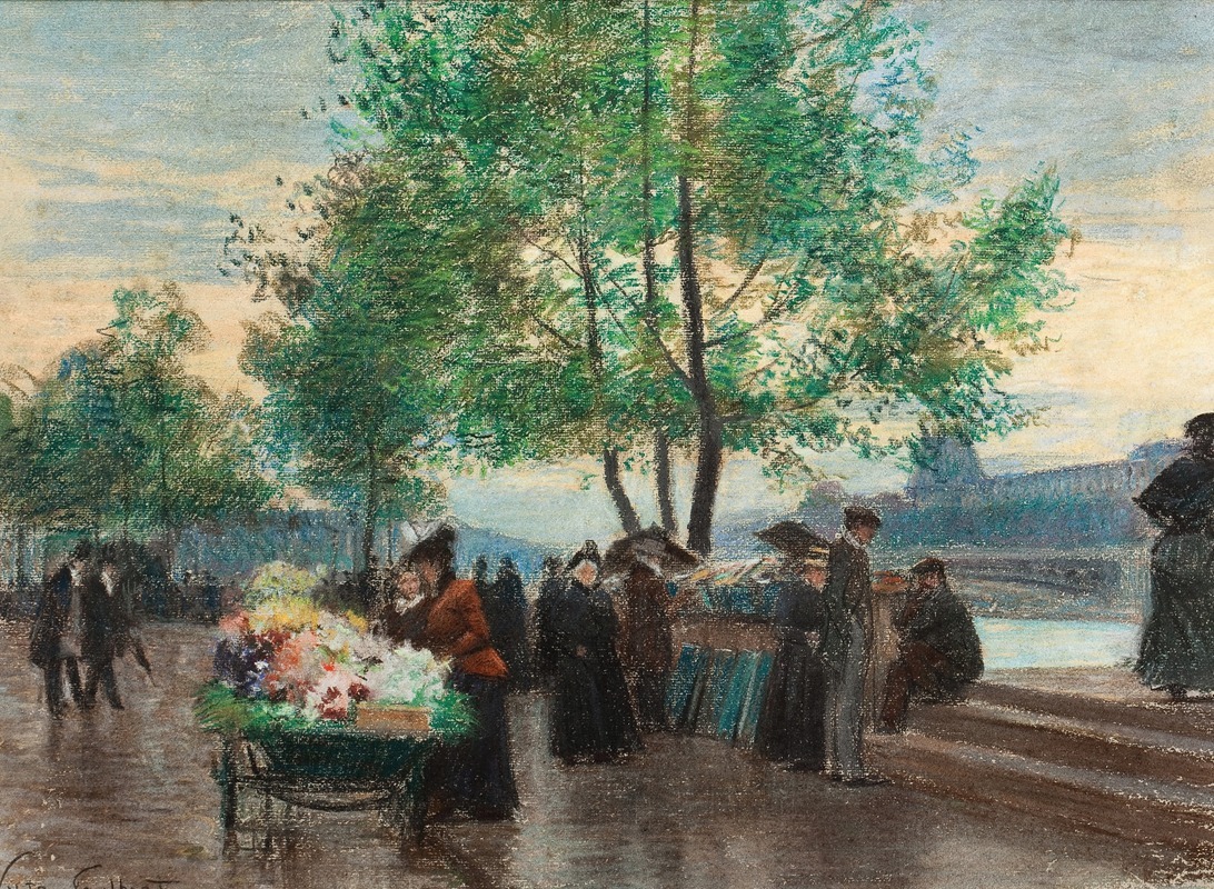 A bustling scene of merchants along the Seine River in Paris.