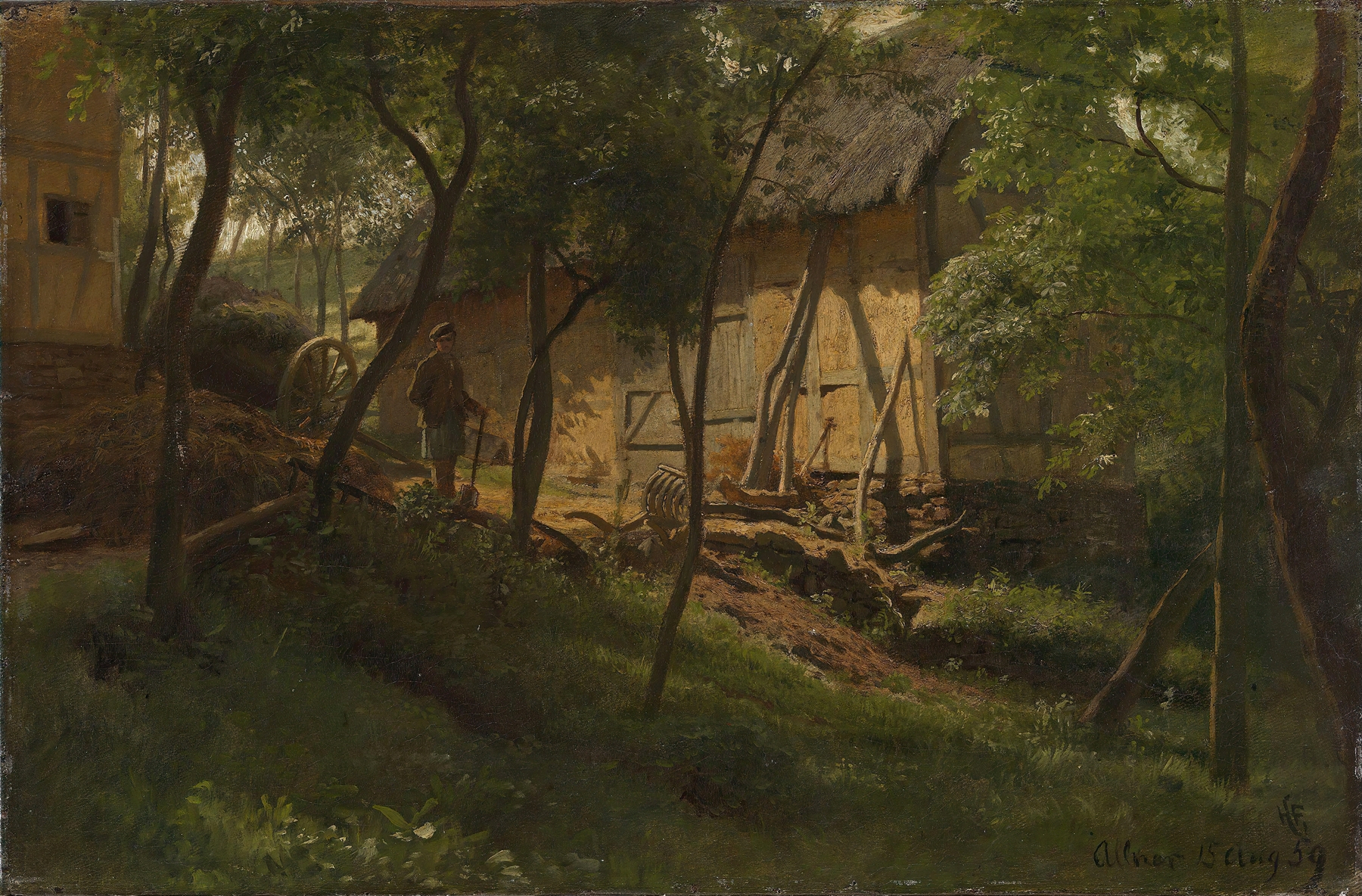 German Farm by Hans Gude, oil on canvas depicting a tranquil rural landscape.
