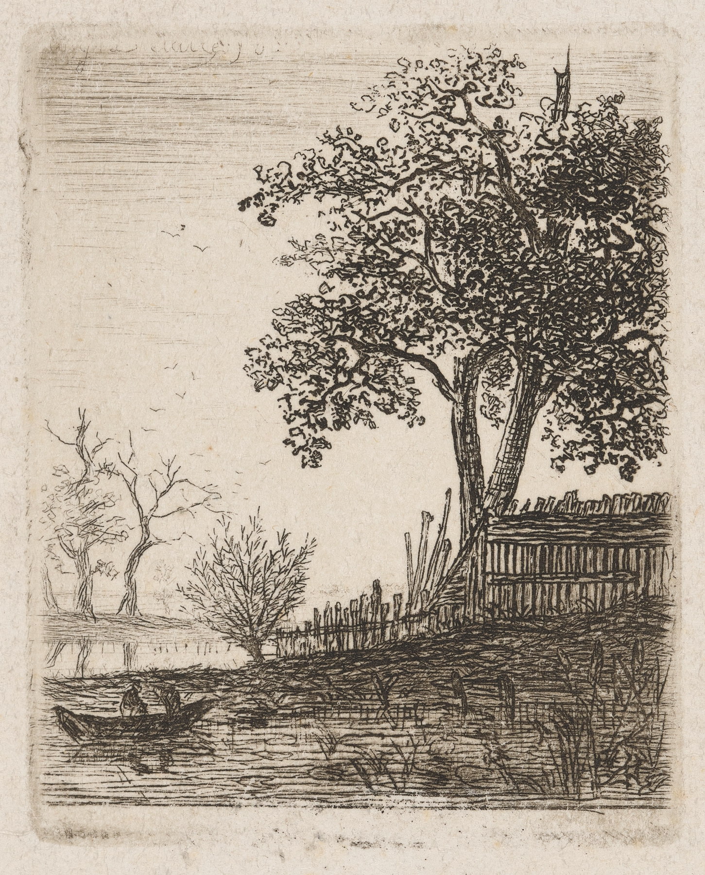 Etching by Auguste Delâtre depicting a rowboat moored on calm water