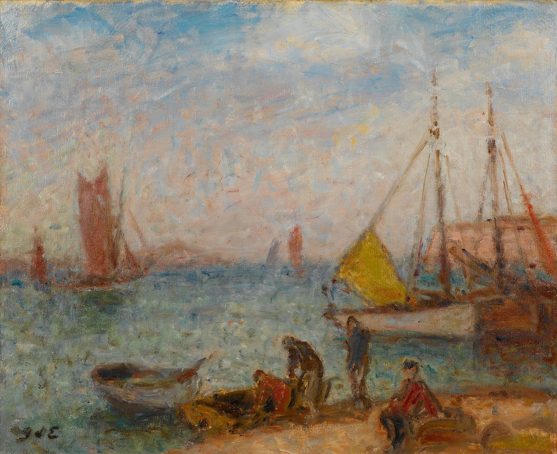 Marine scene with a fisherman’s boat and twilight reflections, oil painting by Georges d'Espagnat