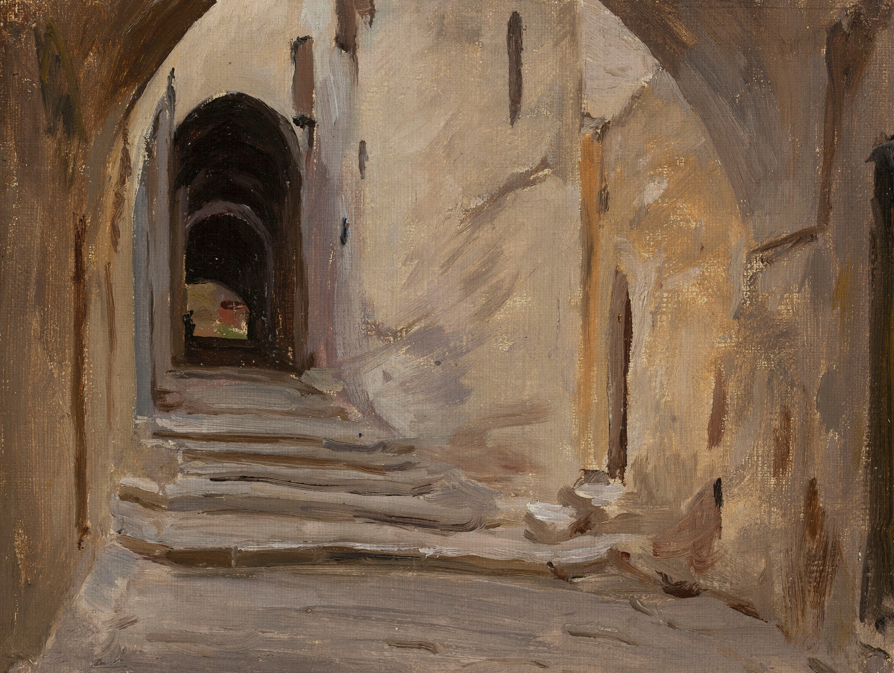 Oil on canvas by Jan Ciągliński depicting a sunset landscape with Jerusalem in the distance.
