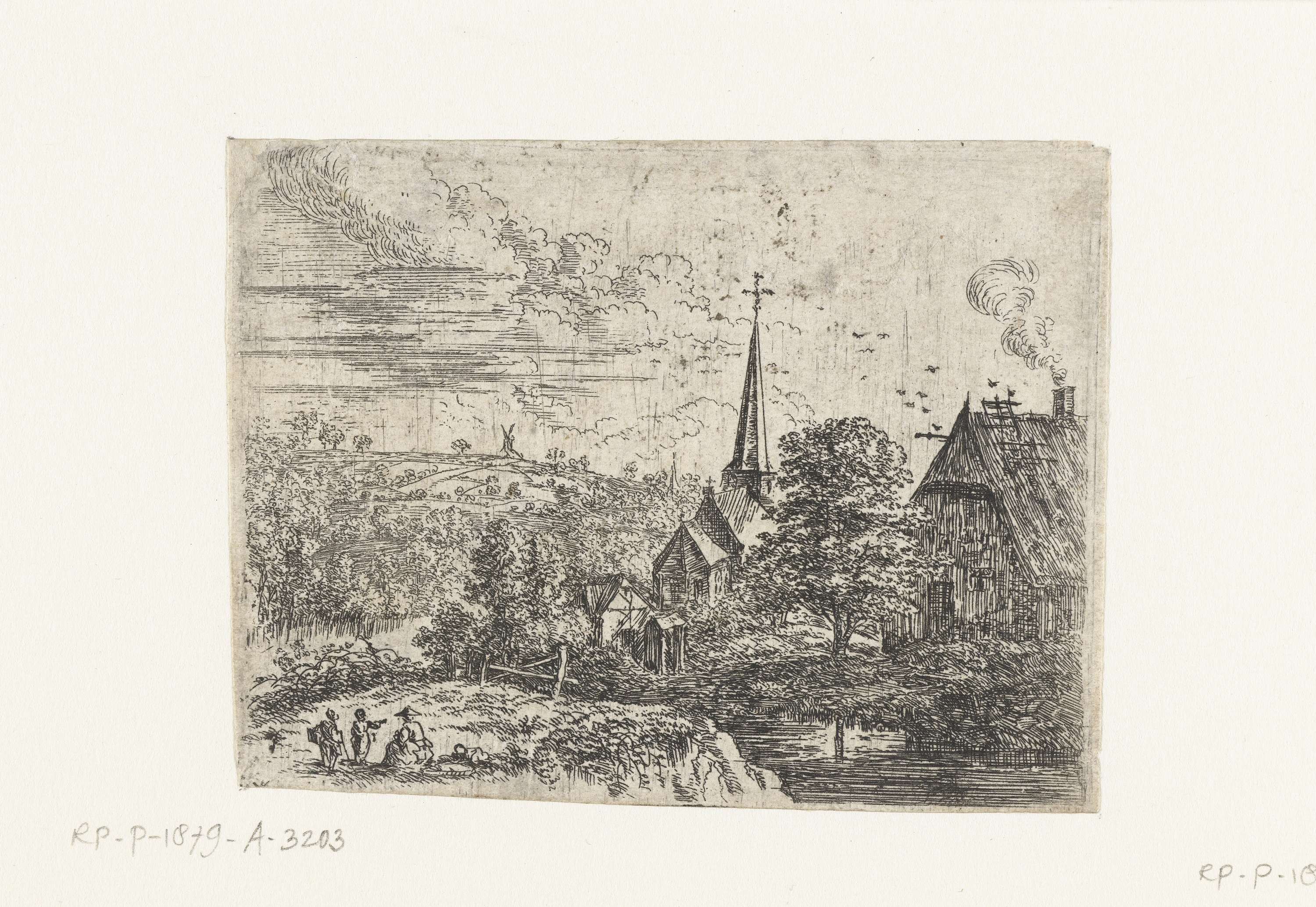 Etching by Lucas van Uden depicting a village by a river under a gentle sky
