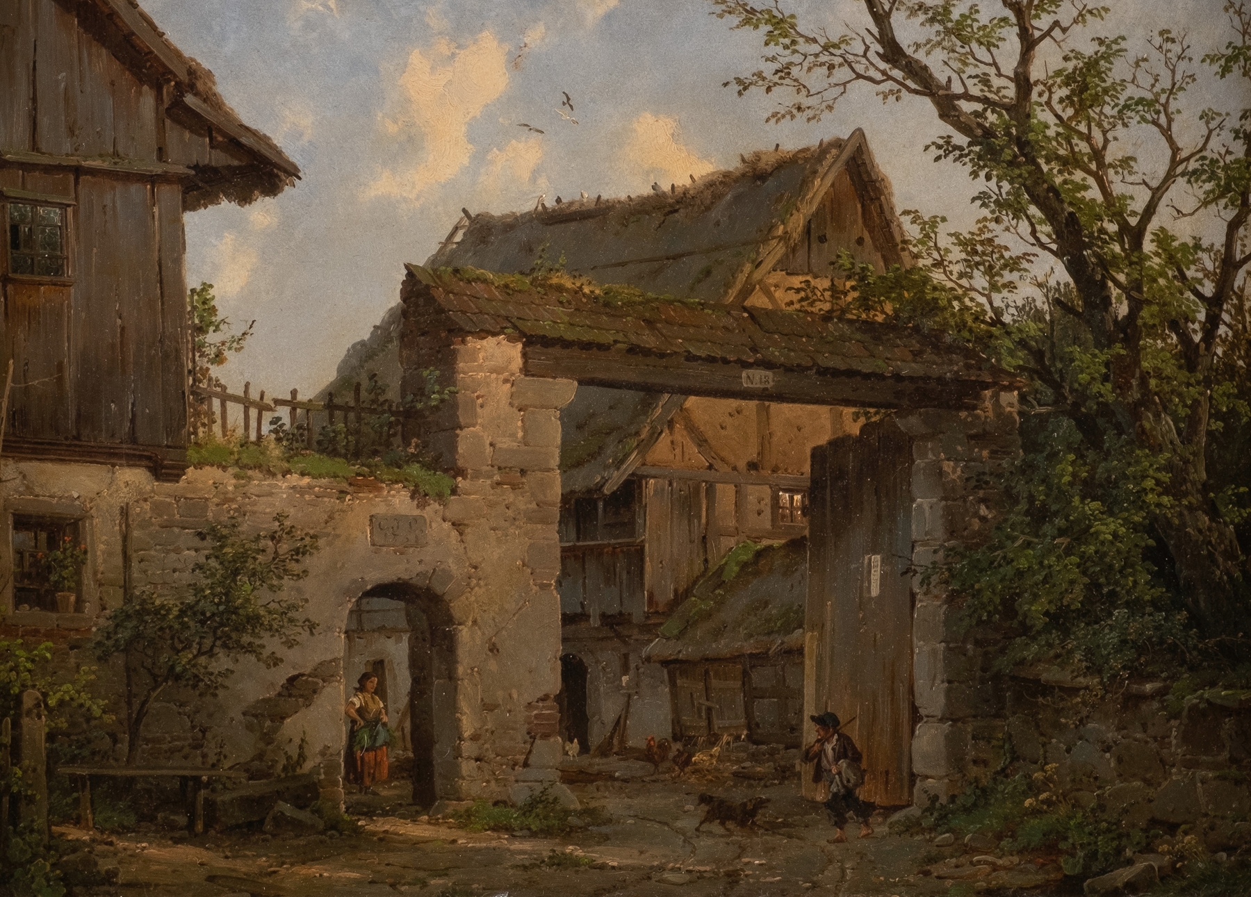 Farmstead in Spring, oil on canvas by Carl Julius von Leypold, depicting a tranquil landscape with flowers and a barn.