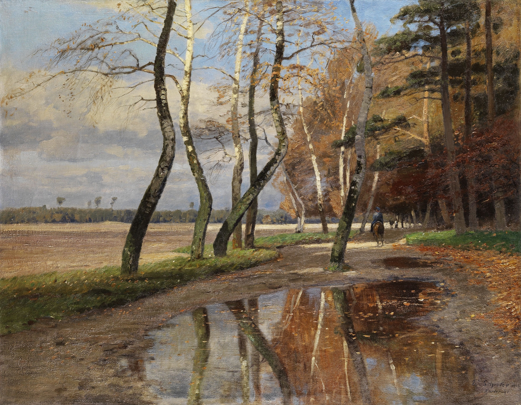 Oil painting by Wilhelm Schroeter depicting a solitary rider among autumn trees