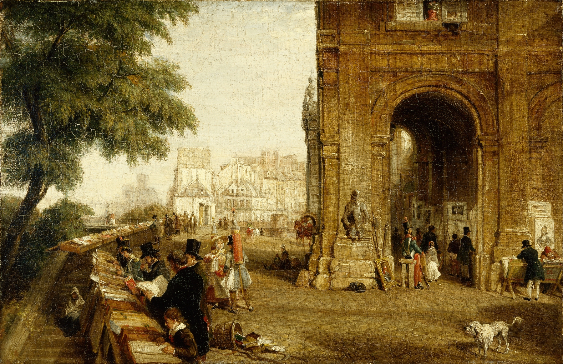 Landscape of Le Quai de Conti by William Parrott, oil painting featuring trees and a tranquil city scene.