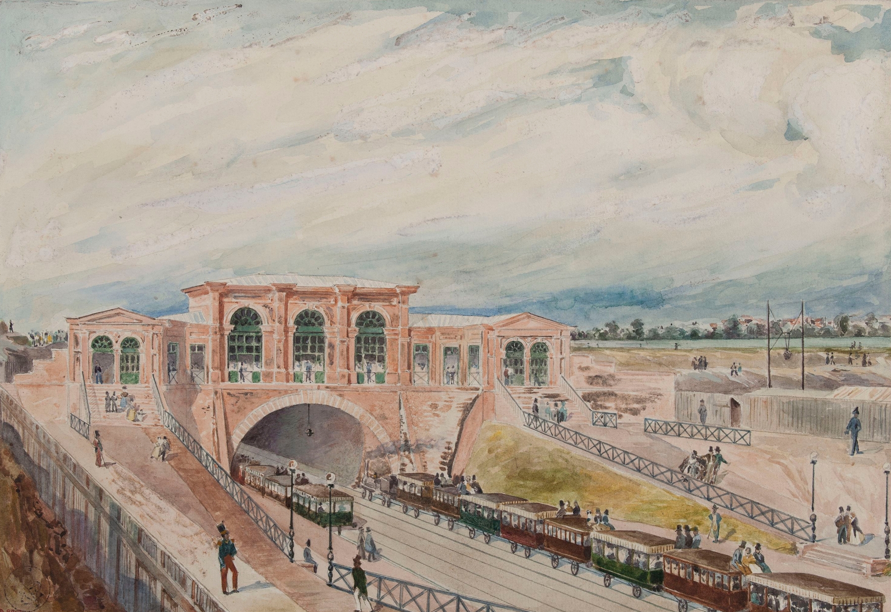 L’embarcadère de l’Ouest, oil on canvas by Victor Marec depicting a train station with figures.