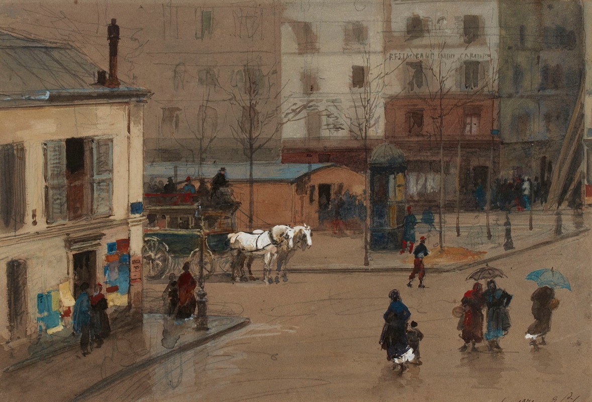 A depiction of a bustling street scene in Paris.