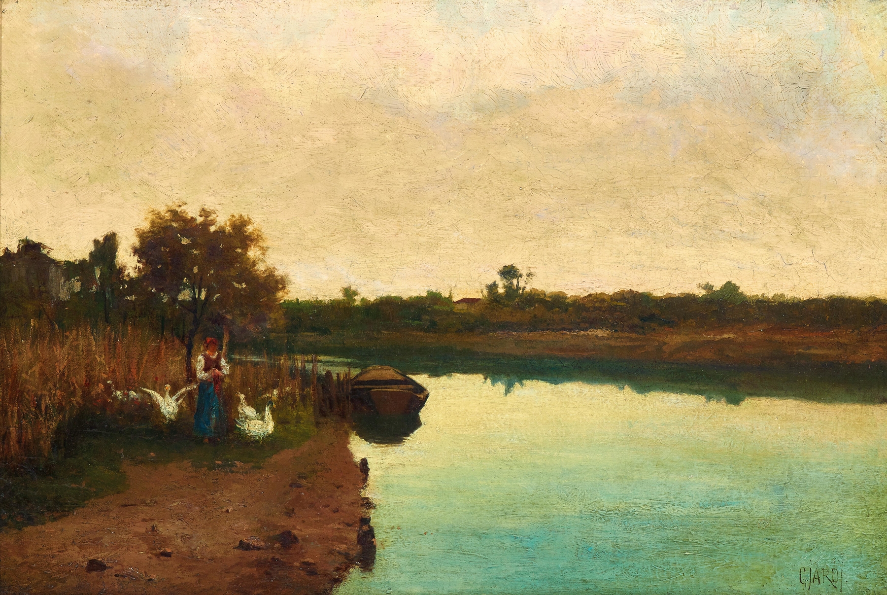 Figurative oil painting by Guglielmo Ciardi featuring a girl with geese by a river
