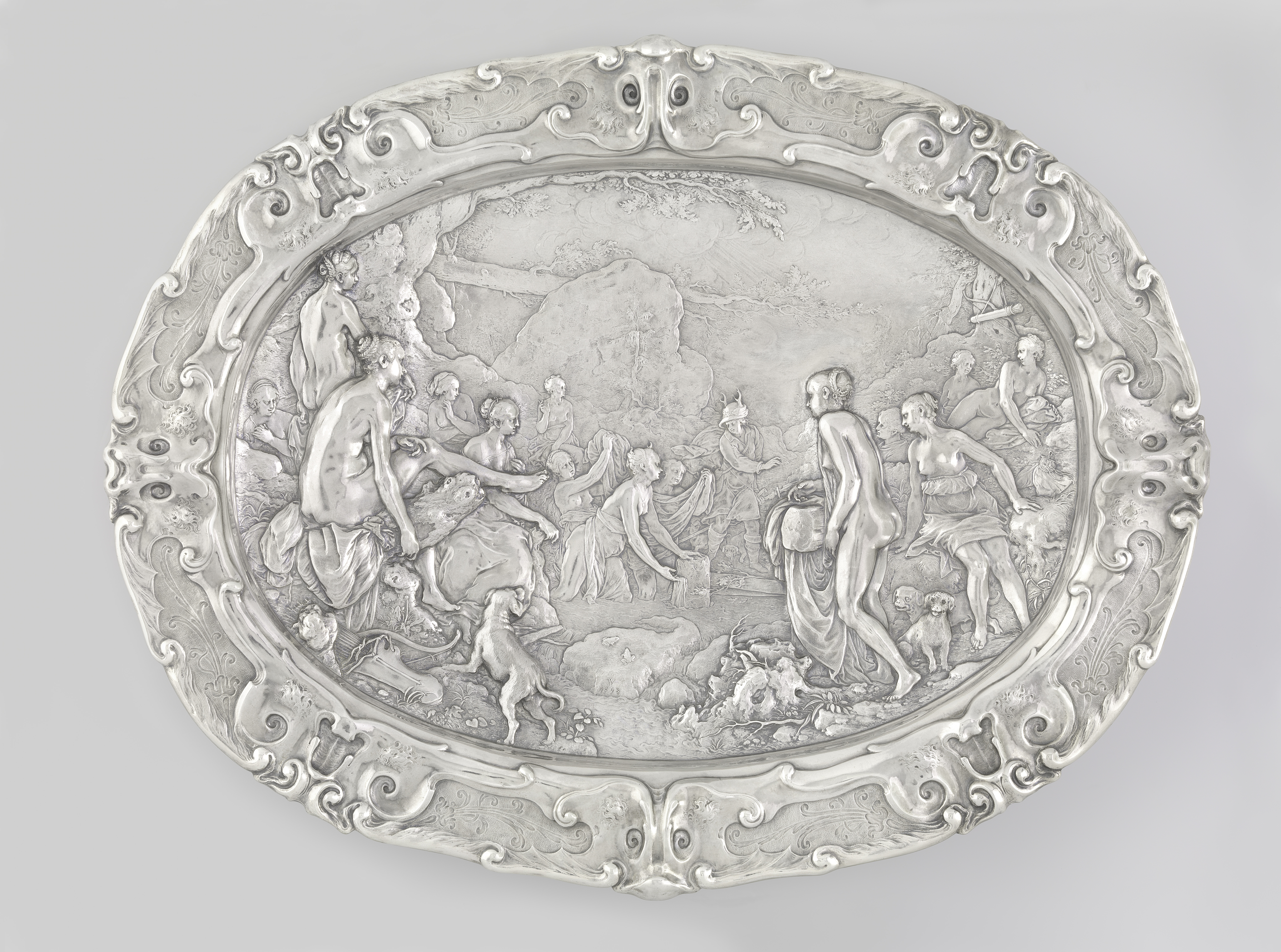 Basin depicting Diana and Actaeon, metalwork by Paulus Willemsz. van Vianen