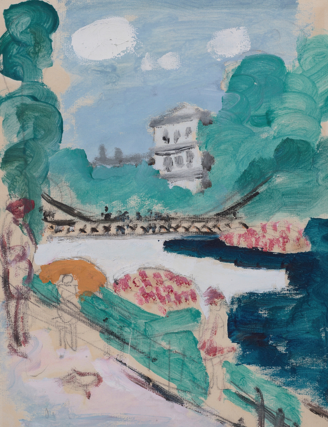 Bridge over river by Raymond McIntyre, oil on canvas depicting a bridge and river landscape.