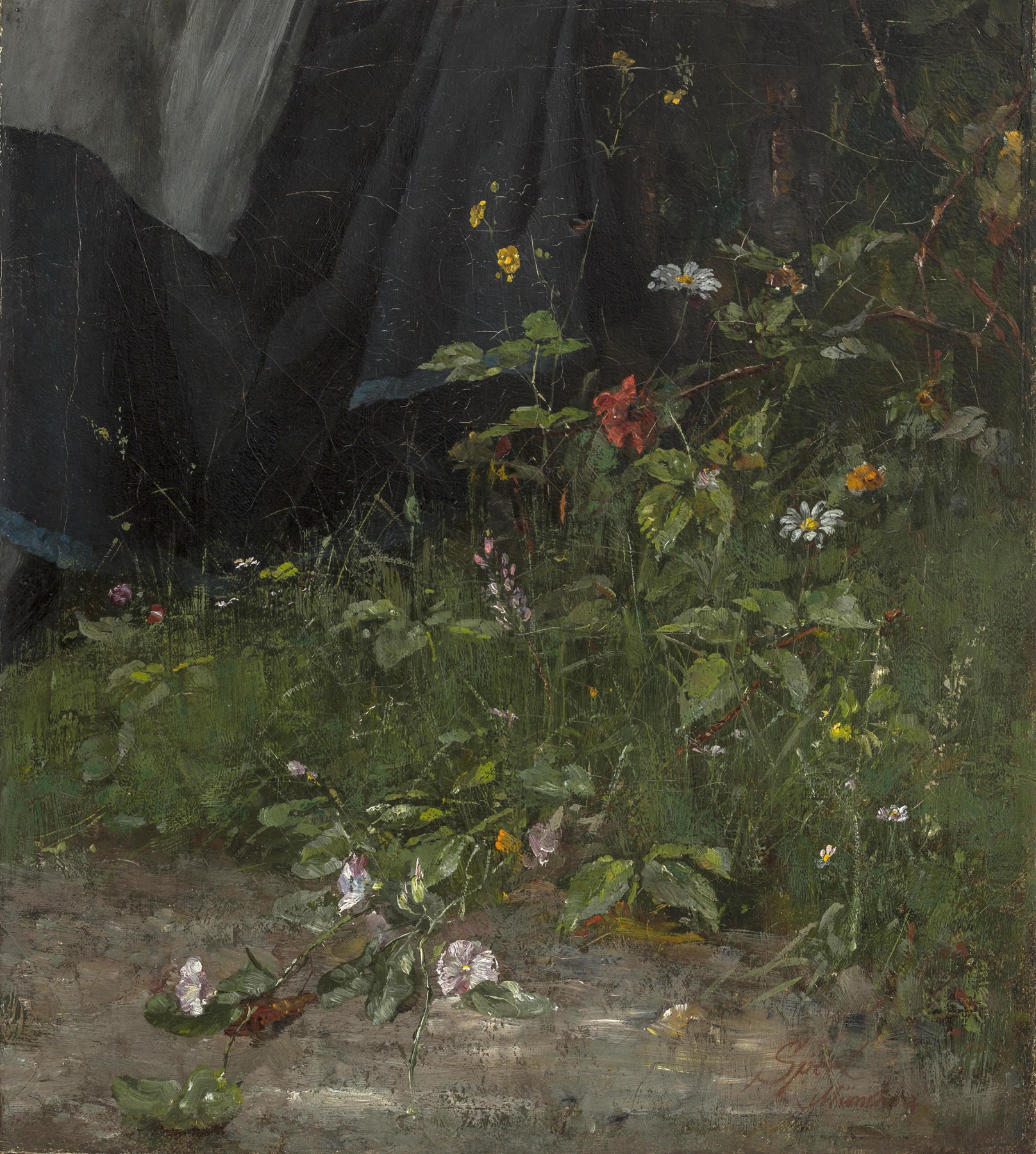 Oil painting by Johann Sperl depicting wildflowers basking in sunlight