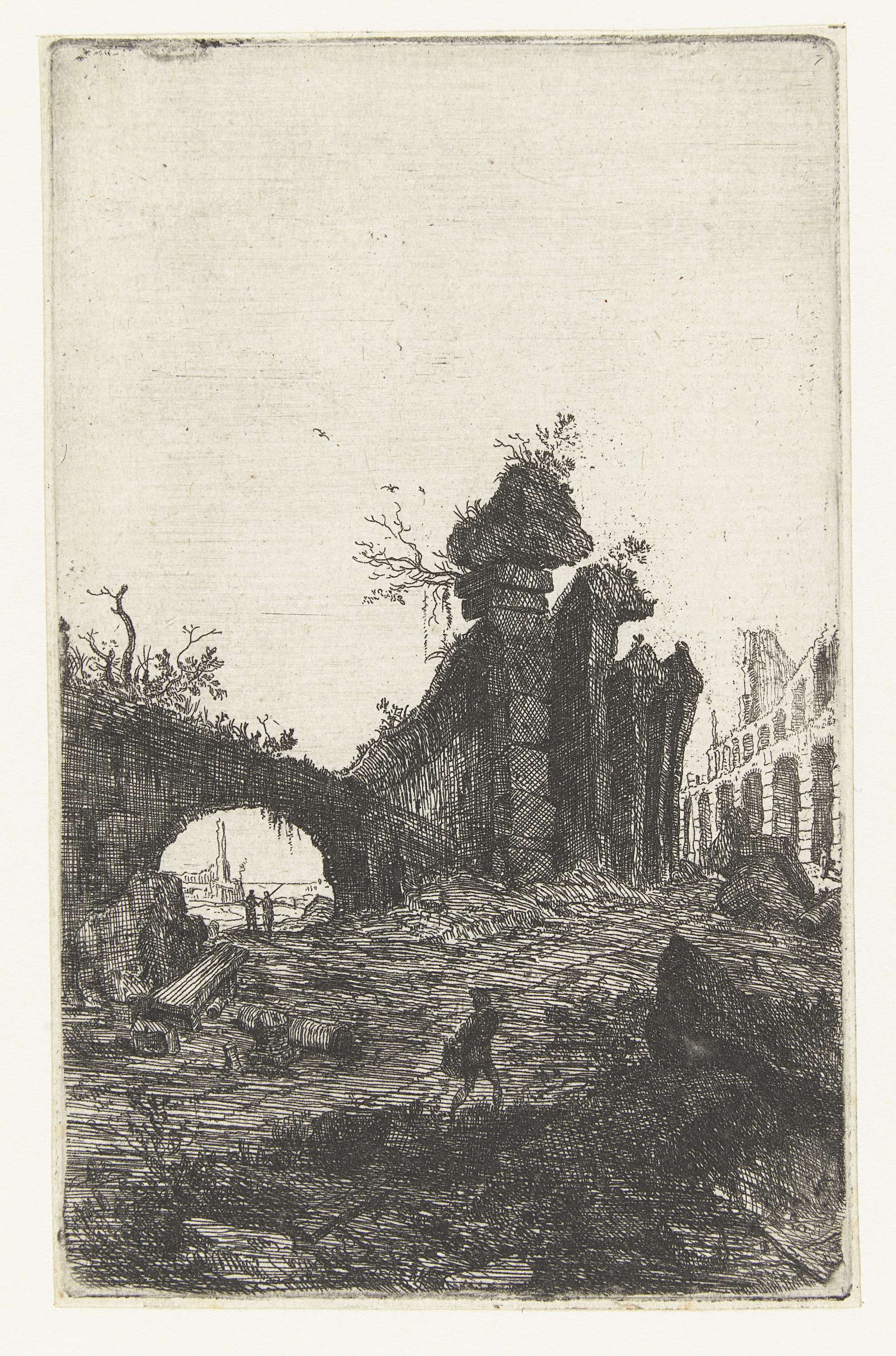 Ruïne van het Colosseum etching by Bartholomeus Breenbergh depicting ancient ruins with soft light.