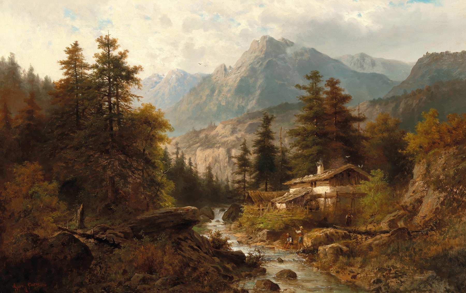 A mountain mill beside a creek with a fisherman, oil painting by Julius Rose