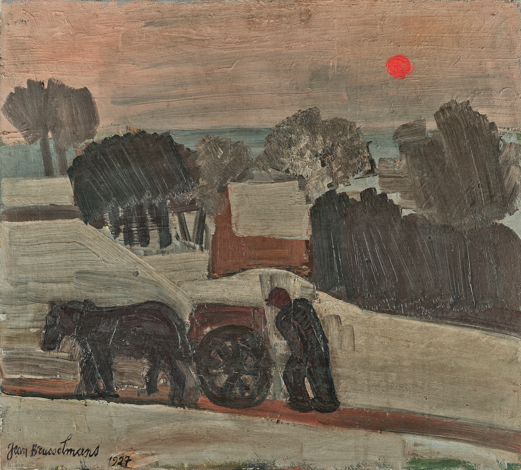 Soleil couchant en Brabant by Jean Brusselmans, oil on canvas, landscape with sunset and rooftops.