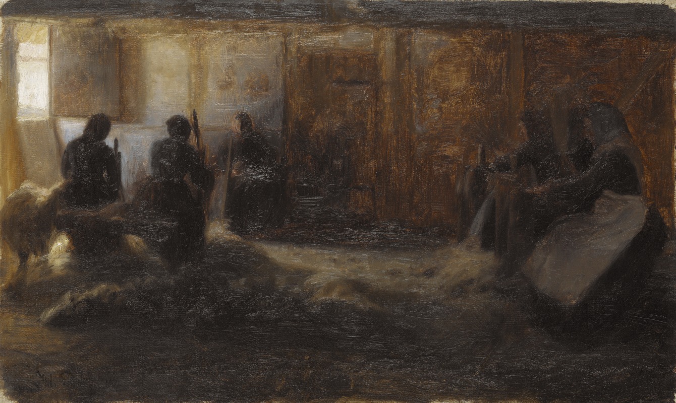 A depiction of flax-beating in a rural setting by Julius Paulsen.