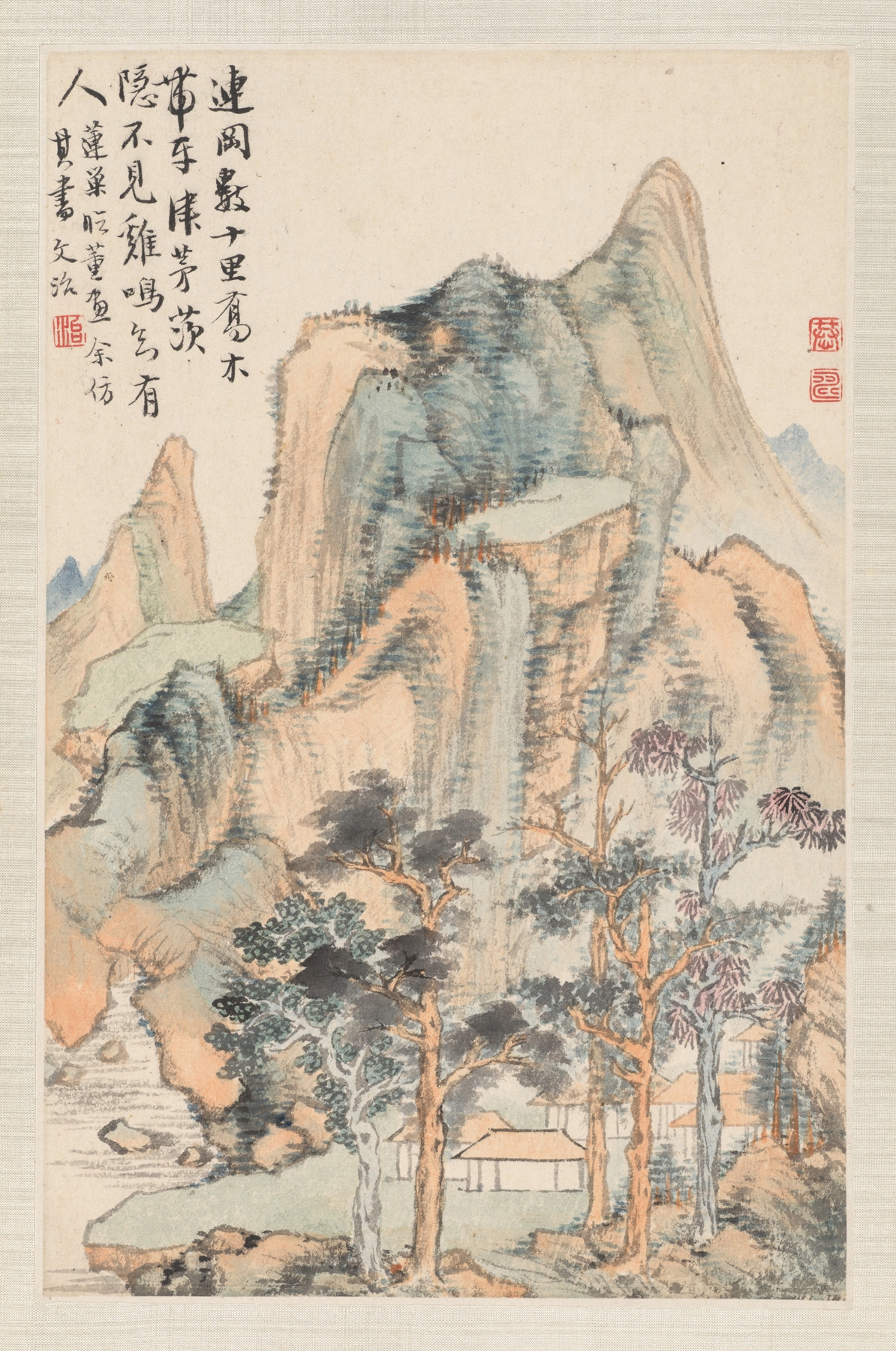 Landscape in ink on paper by Pan Gongshou depicting lush greenery.