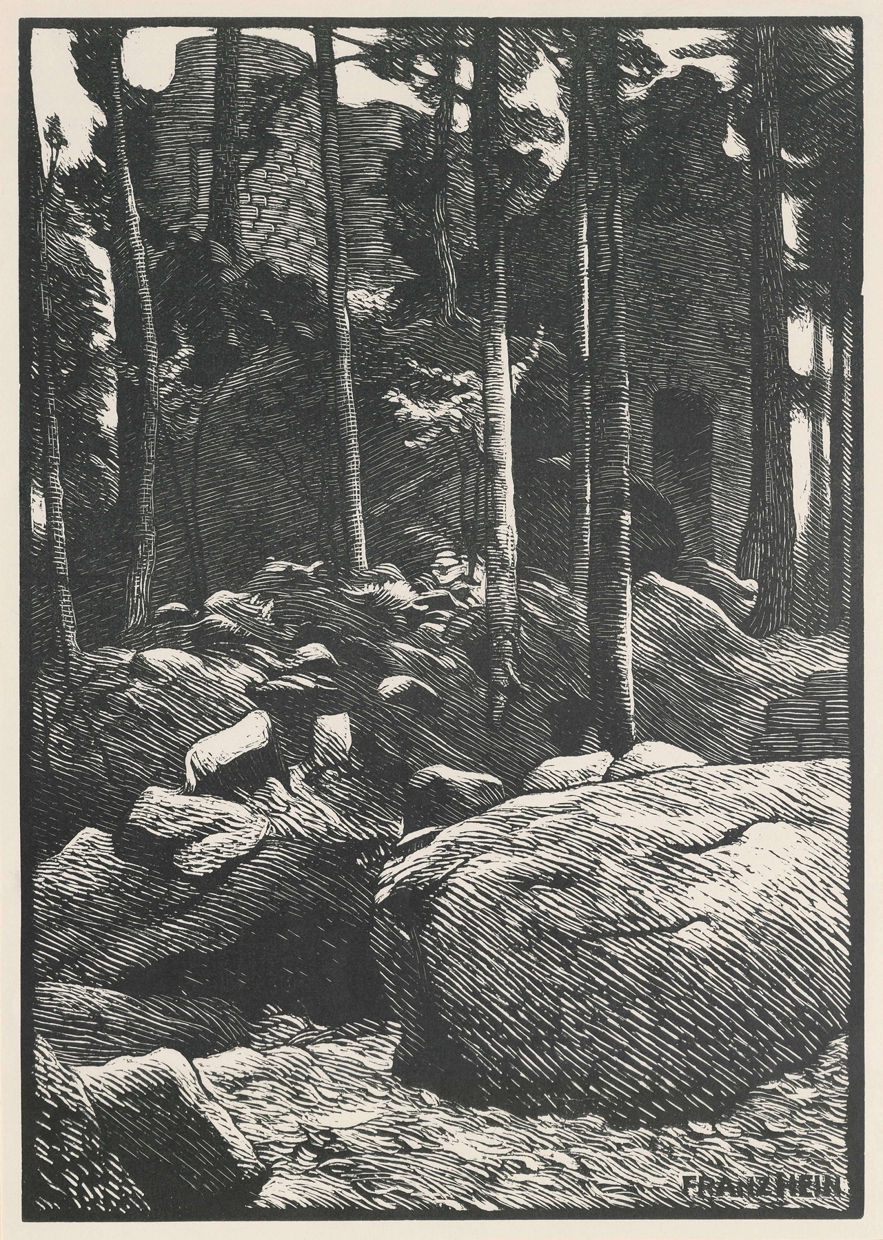 Ruine im Wald, oil on canvas by Franz Hein, depicting crumbling ruins surrounded by a forest.
