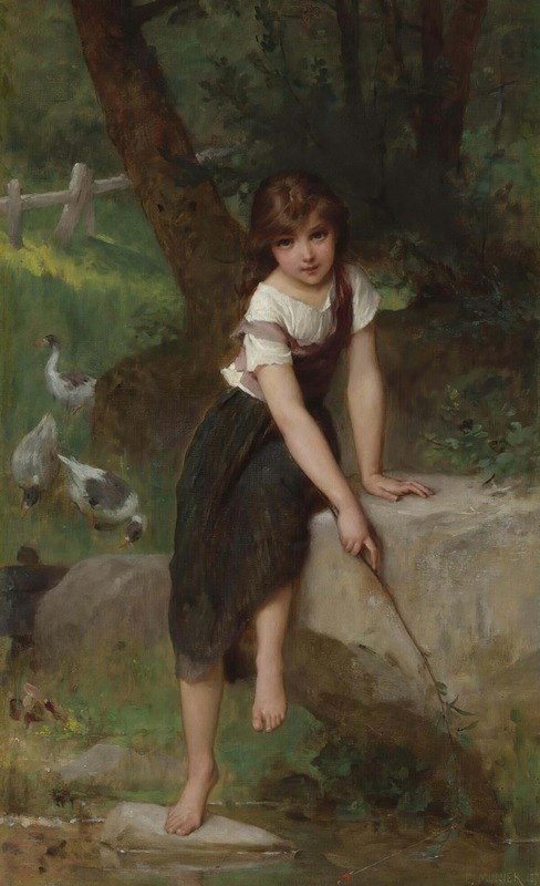 Émile Munier's 'Goose Girl' depicts a young girl tending to geese in a serene rural setting.