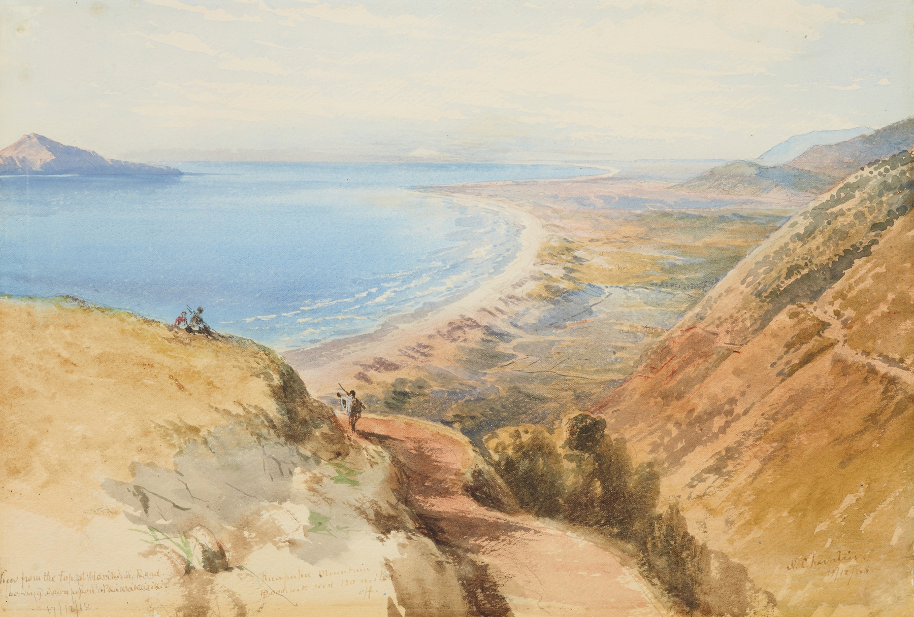 Landscape of Horokiwi Road looking down to Paekakariki by Nicholas Chevalier, oil painting