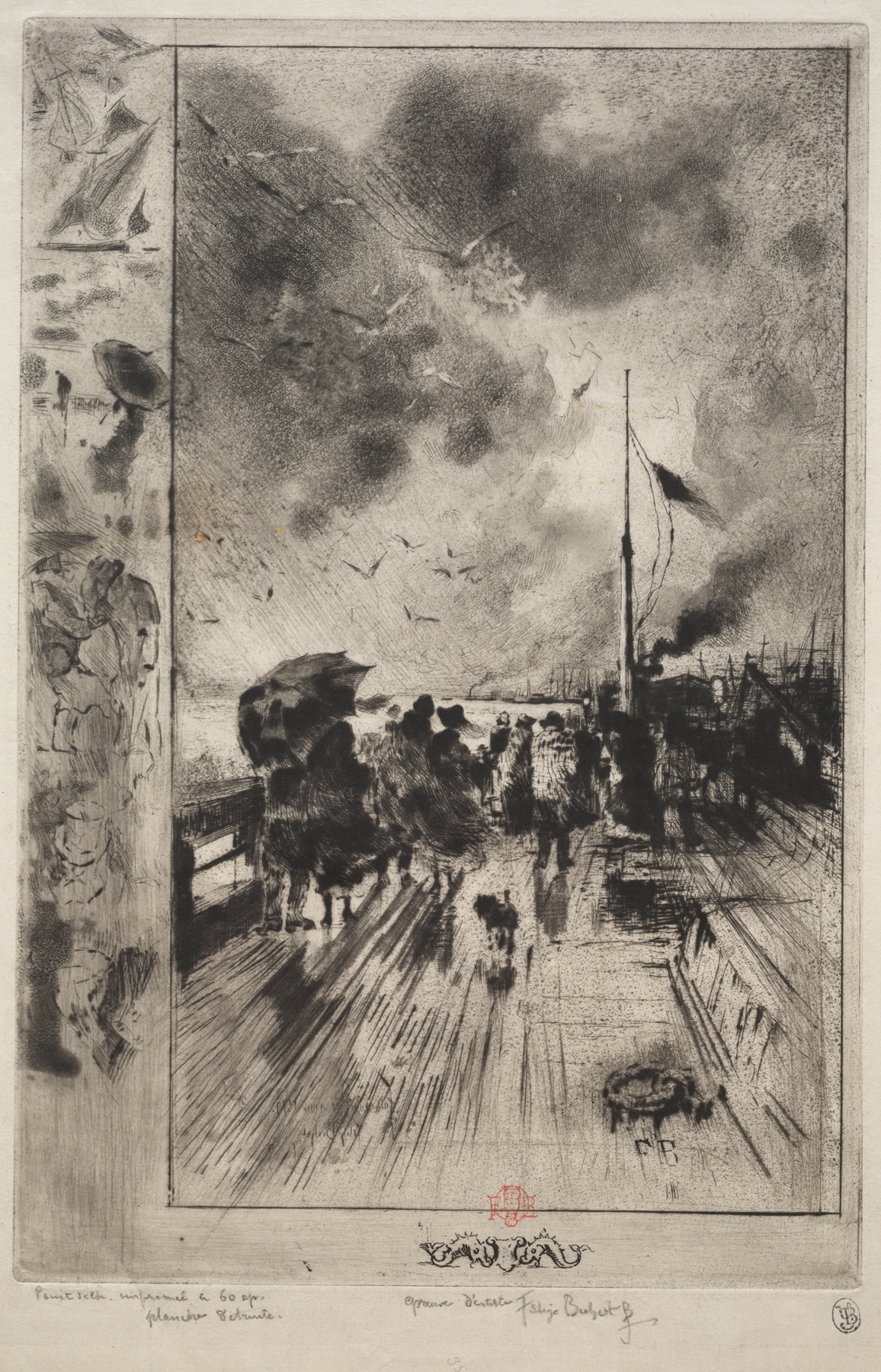 Etching by Félix Hilaire Buhot depicting a serene landscape with twilight reflections on water.
