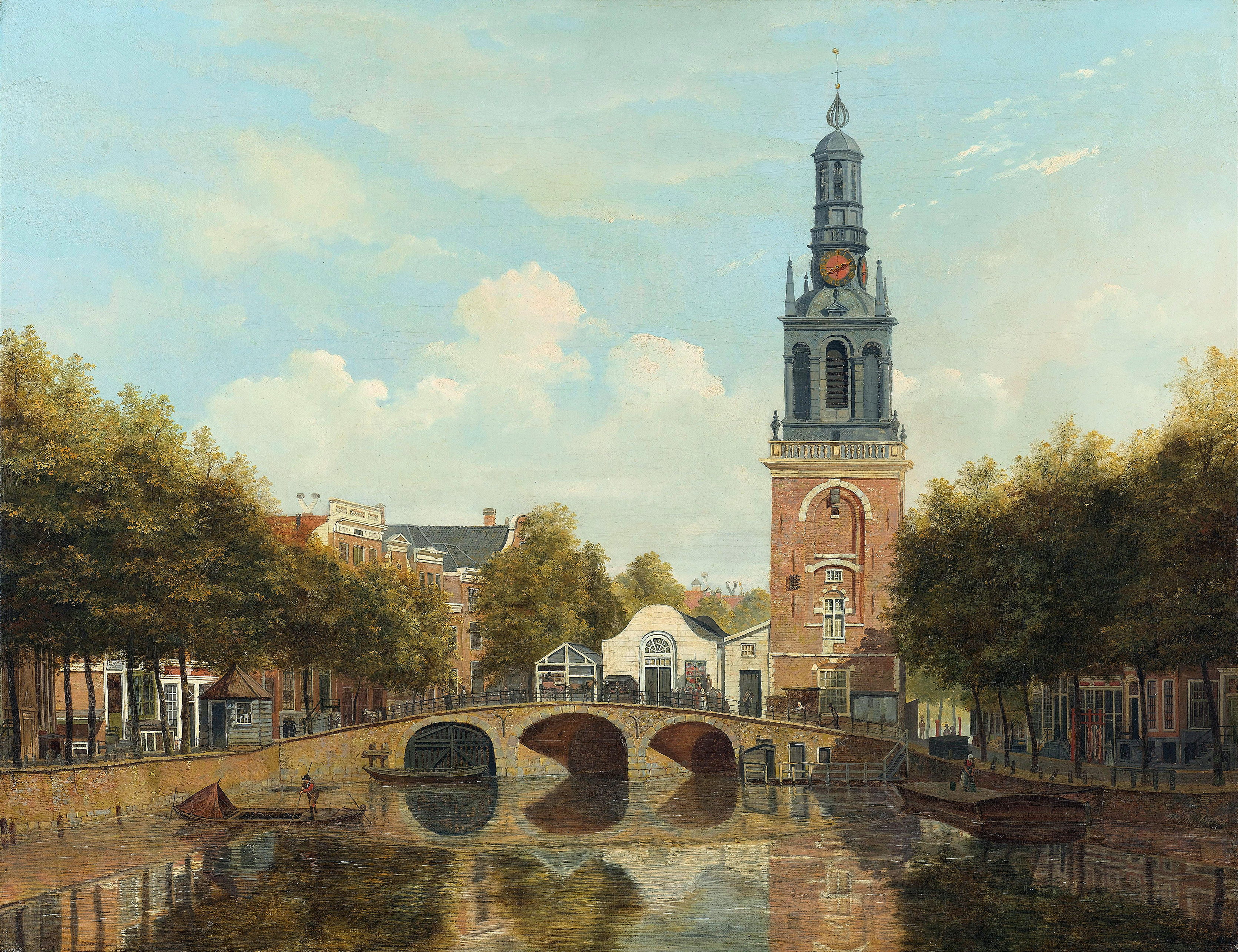 Oil painting of The Torensluis and Jan Roodenpoortstoren in Amsterdam by Hendrik Gerrit ten Cate