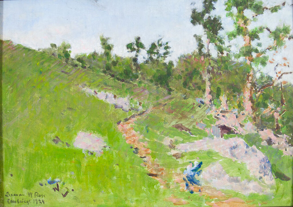 Hilly landscape with path and figure, oil on canvas by Denman Waldo Ross