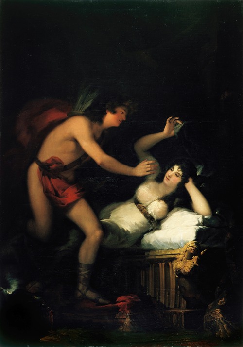 The painting depicts Cupid and Psyche in a romantic embrace surrounded by soft clouds and a serene landscape.