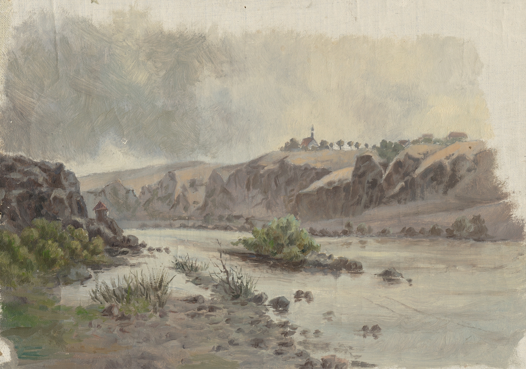 Church on a Bank above a River by Jan Nowopacký, oil painting depicting a serene landscape.