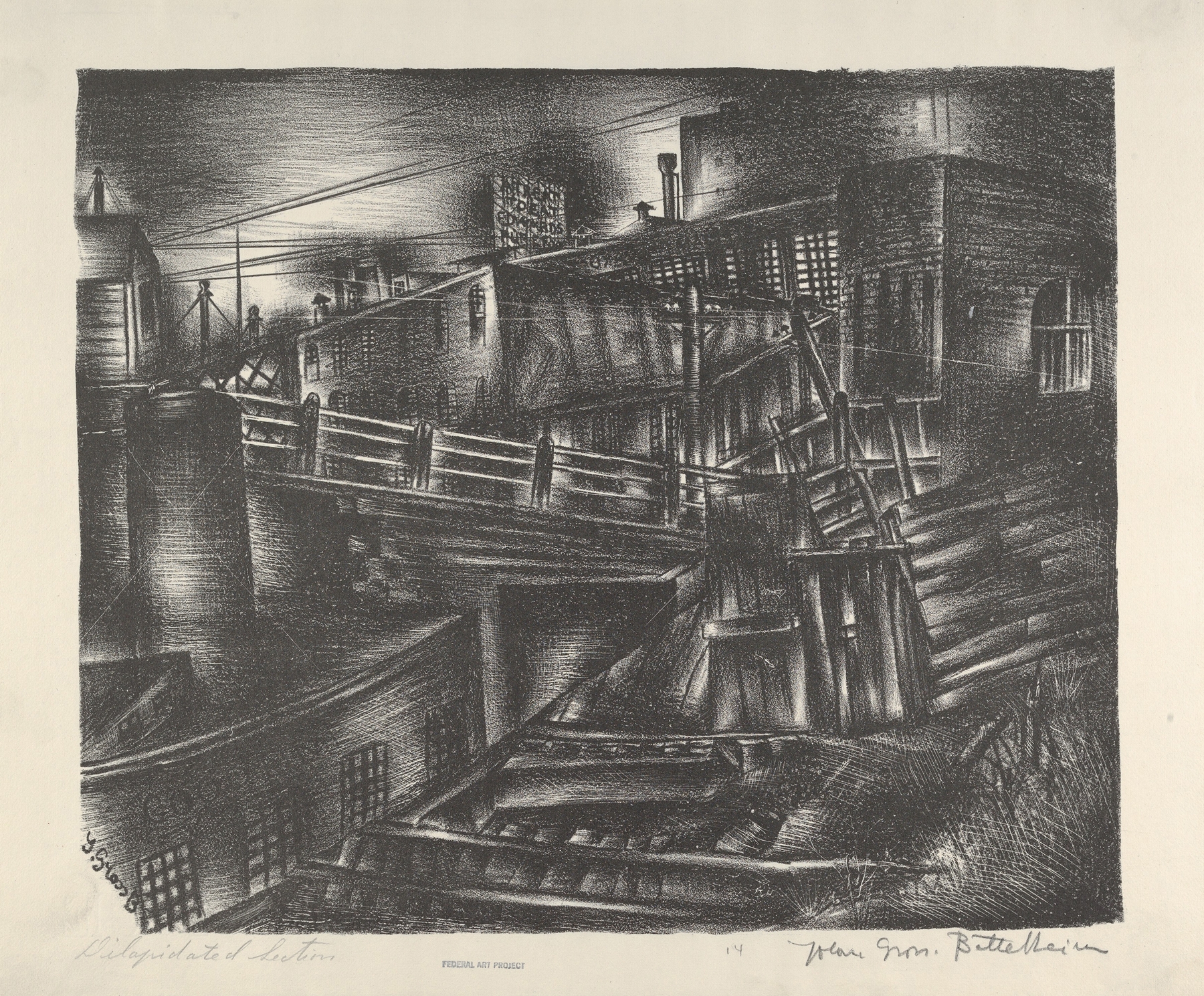 Surrealism artwork by Jolan Gross Bettelheim, depicting a dilapidated interior with light and shadows.