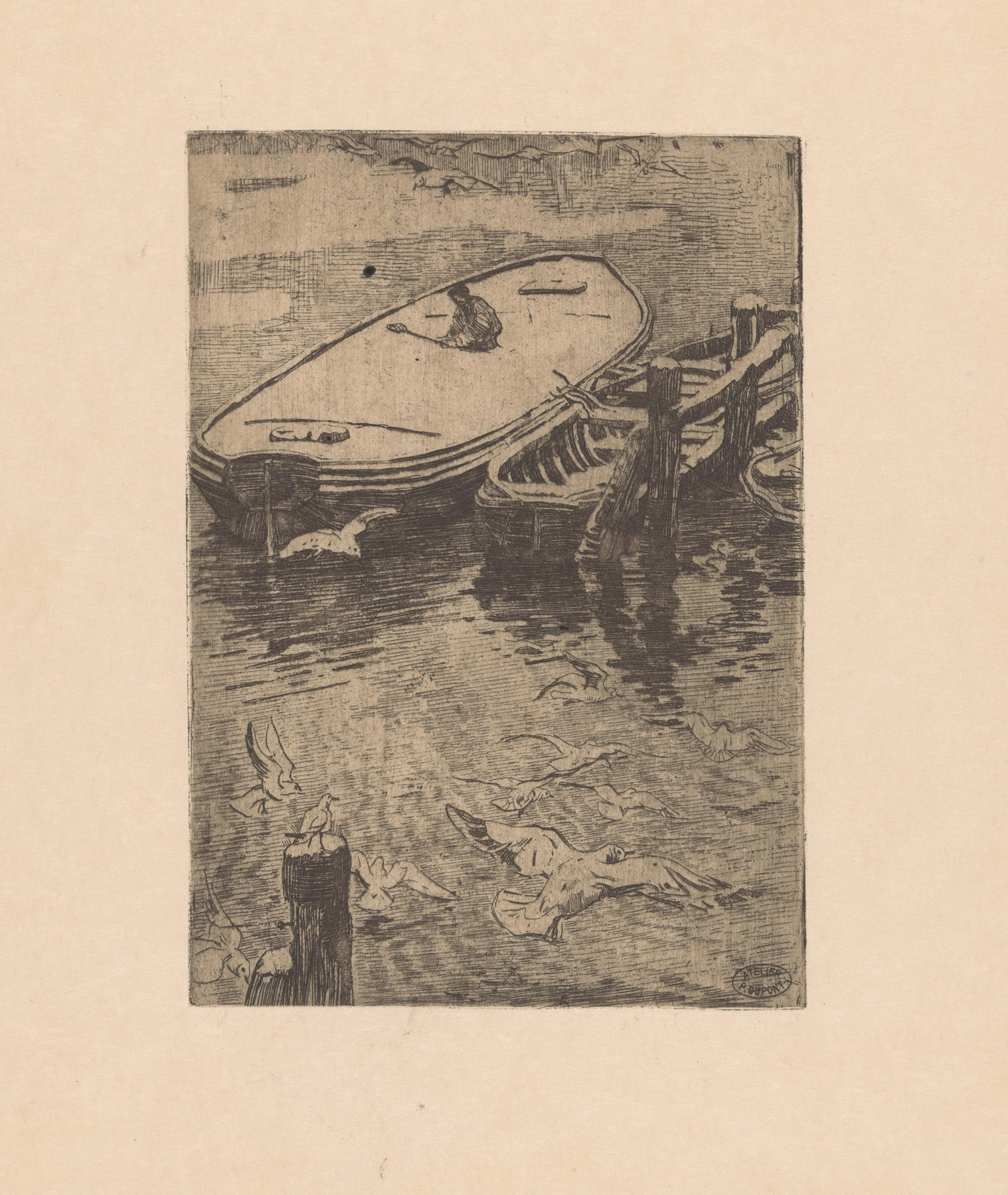 Solitary figure on a frozen canal in Schuiten in de winter by Pieter Dupont, oil on canvas