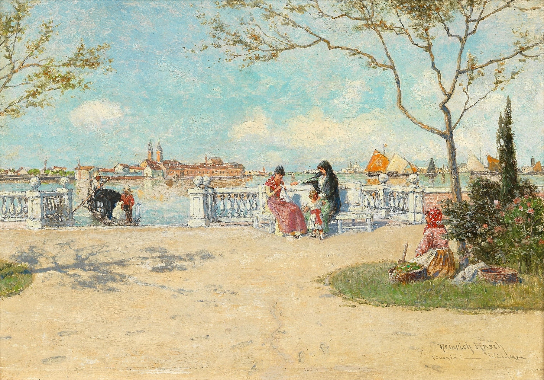 Venetian Scene by Heinrich Rasch, oil on canvas depicting a sunset over shimmering water.