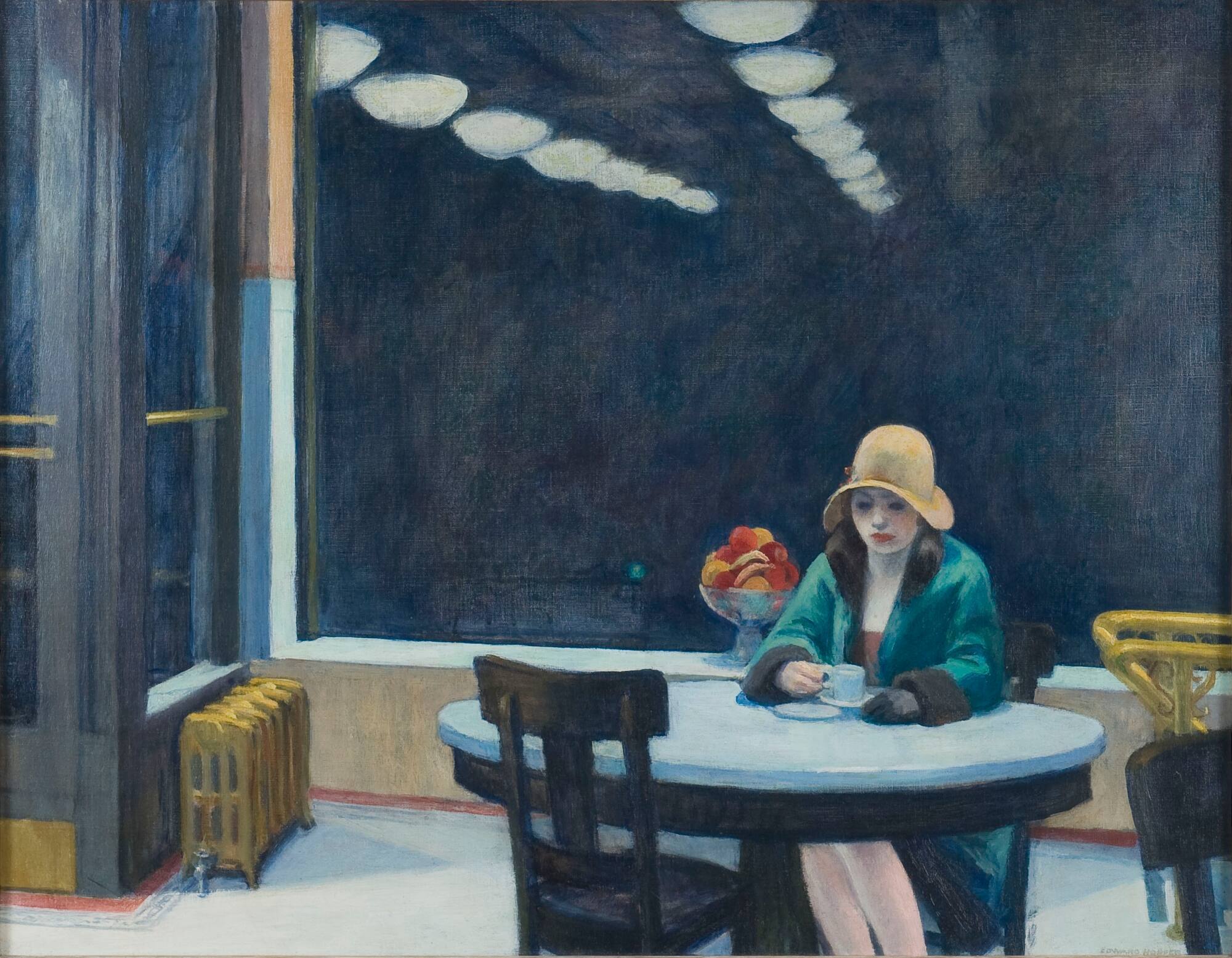 Edward Hopper's 'Automat' captures a solitary woman in a quiet diner setting.