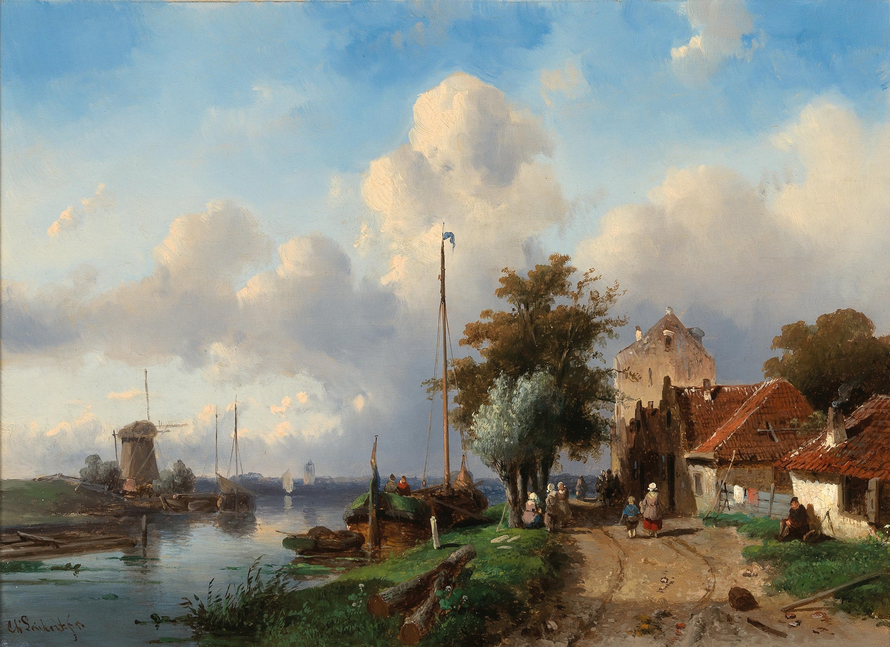 A river landscape with figures on the bank, oil painting by Charles Leickert