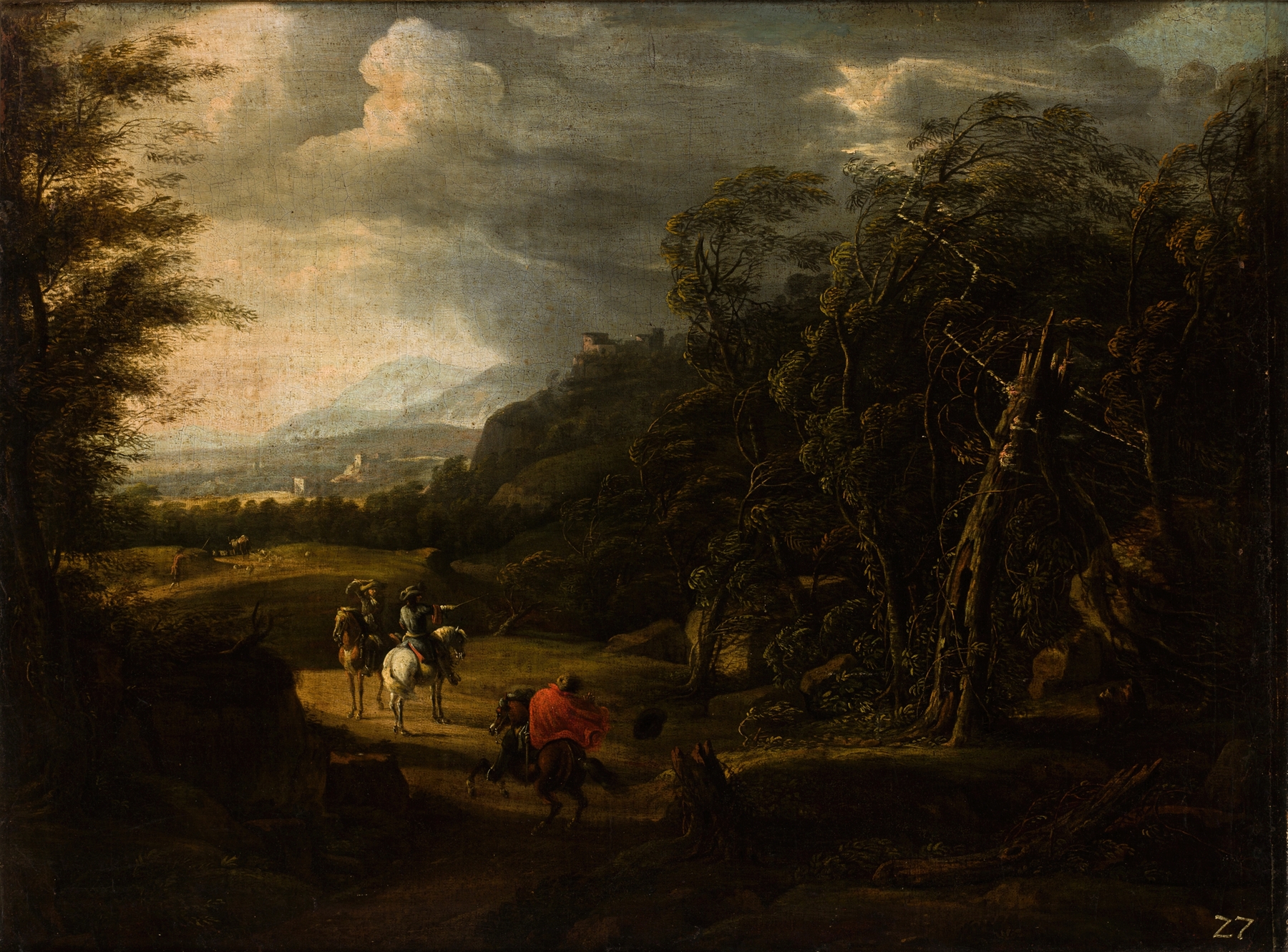 Landscape with Horsemen, oil painting by Wilhelm von Bemmel, depicting two horsemen in a vast terrain.