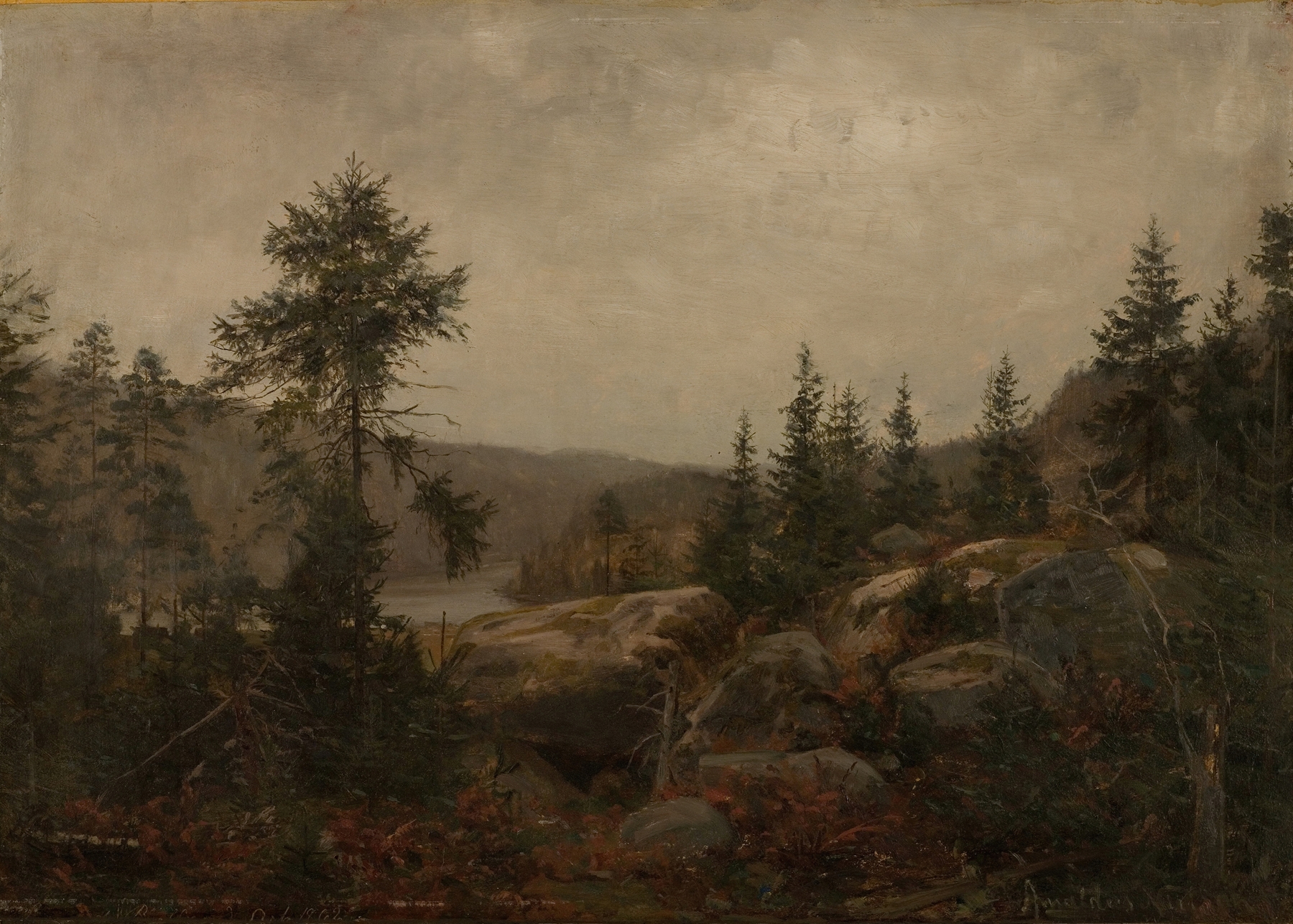 Duskregn . Gården Foss, Mandalselven, by Amaldus Nielsen, public domain