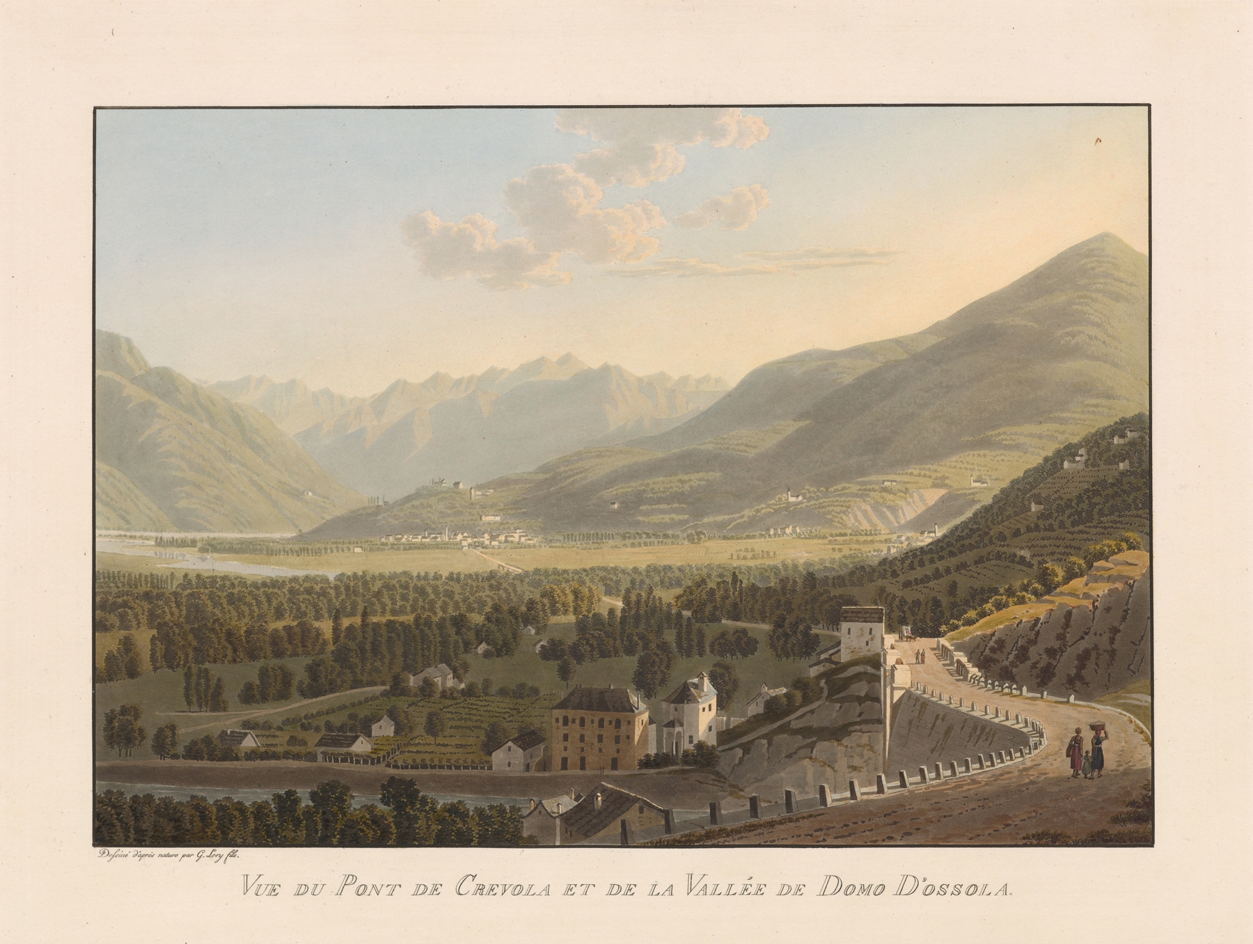 Oil painting by Gabriel Lory the Younger depicting a bridge over a river and mountains.