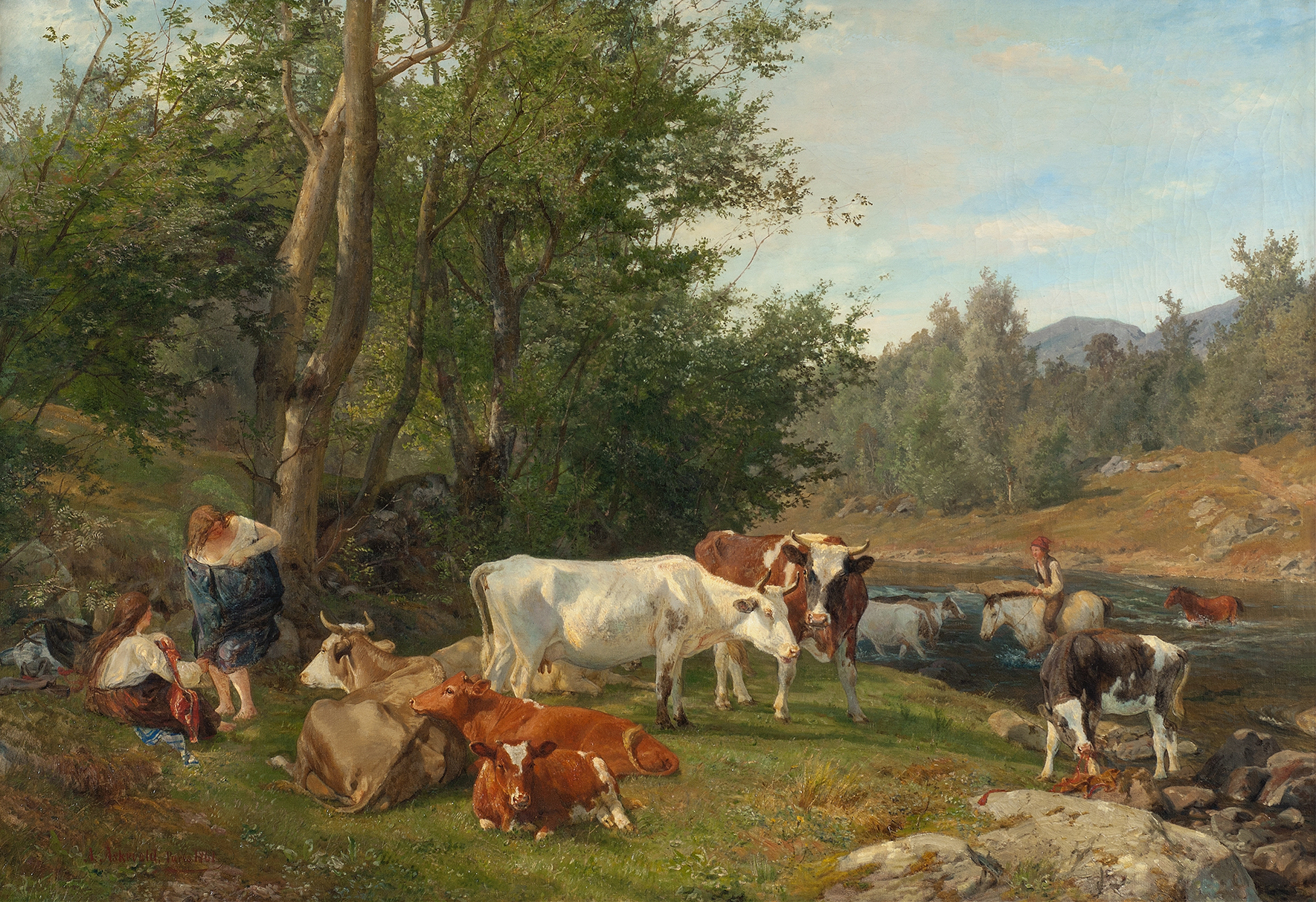 Landscape with Cattle by Anders Askevold, oil on canvas depicting a rural scene with cattle.