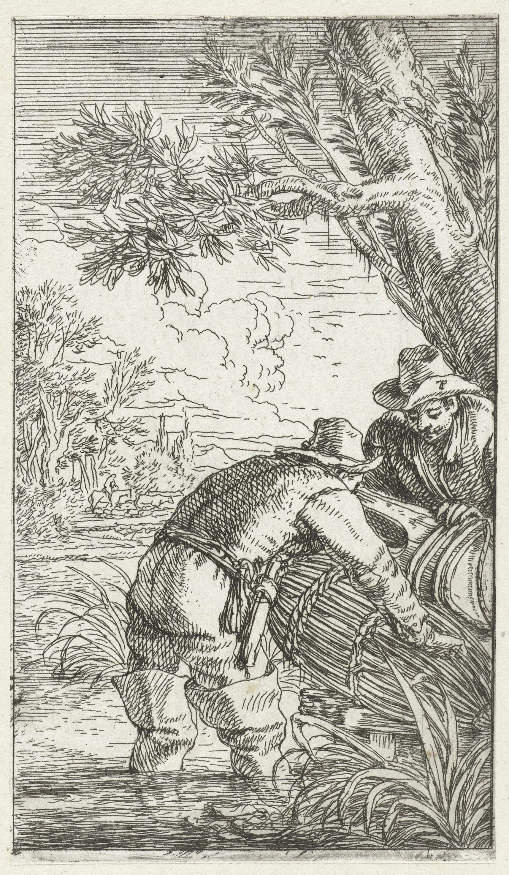 Twee vissers met een fuik, etching by Jonas Umbach depicting two fishermen mending their nets.