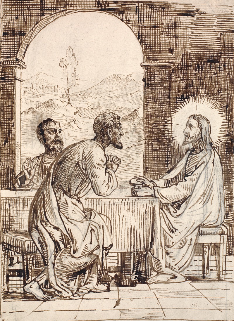 A painting depicting a biblical scene of Christ in Emmaus.