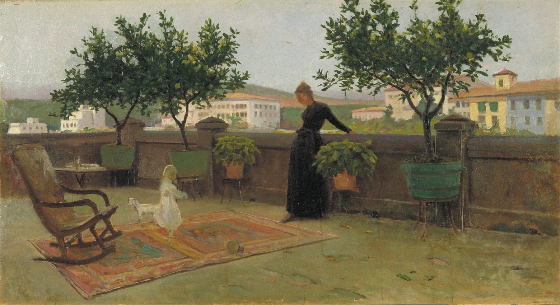 Terrace by Joaquim Vayreda, oil on canvas showing dappled light on a terrace.