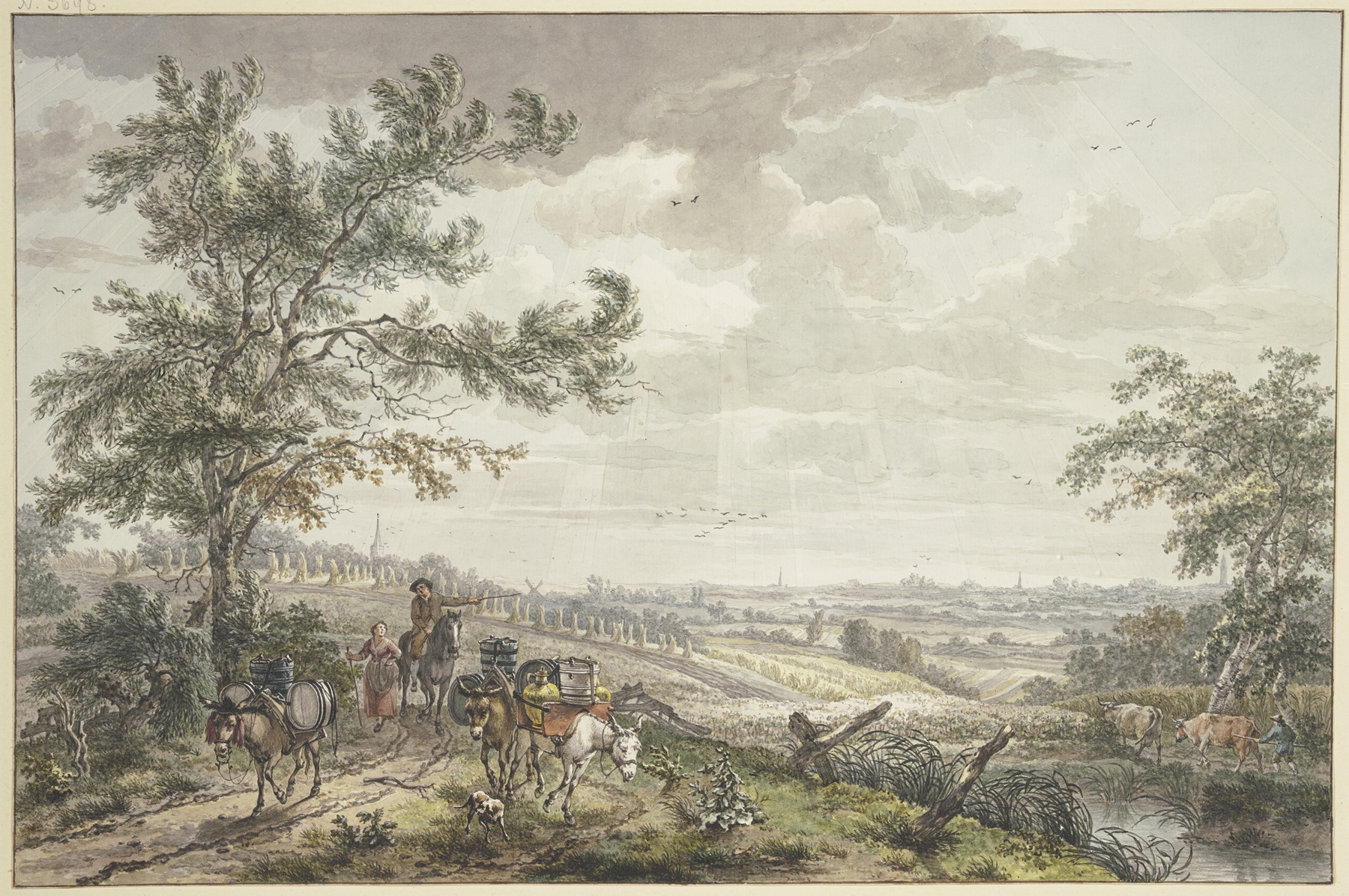 Landscape with pack donkeys on a slope, oil on canvas by Egbert van Drielst